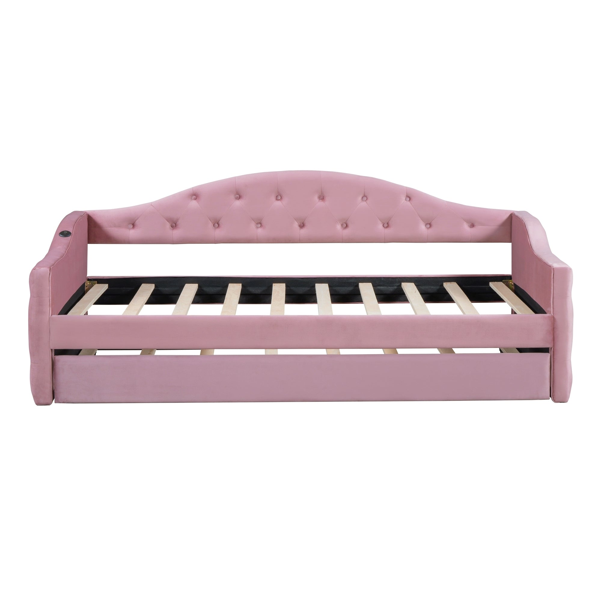 Twin Size Tufted Upholstered Daybed with Trundle ,Velvet Sofabed with USB&Type-C Charging Ports,No Box-spring Needed, Pink