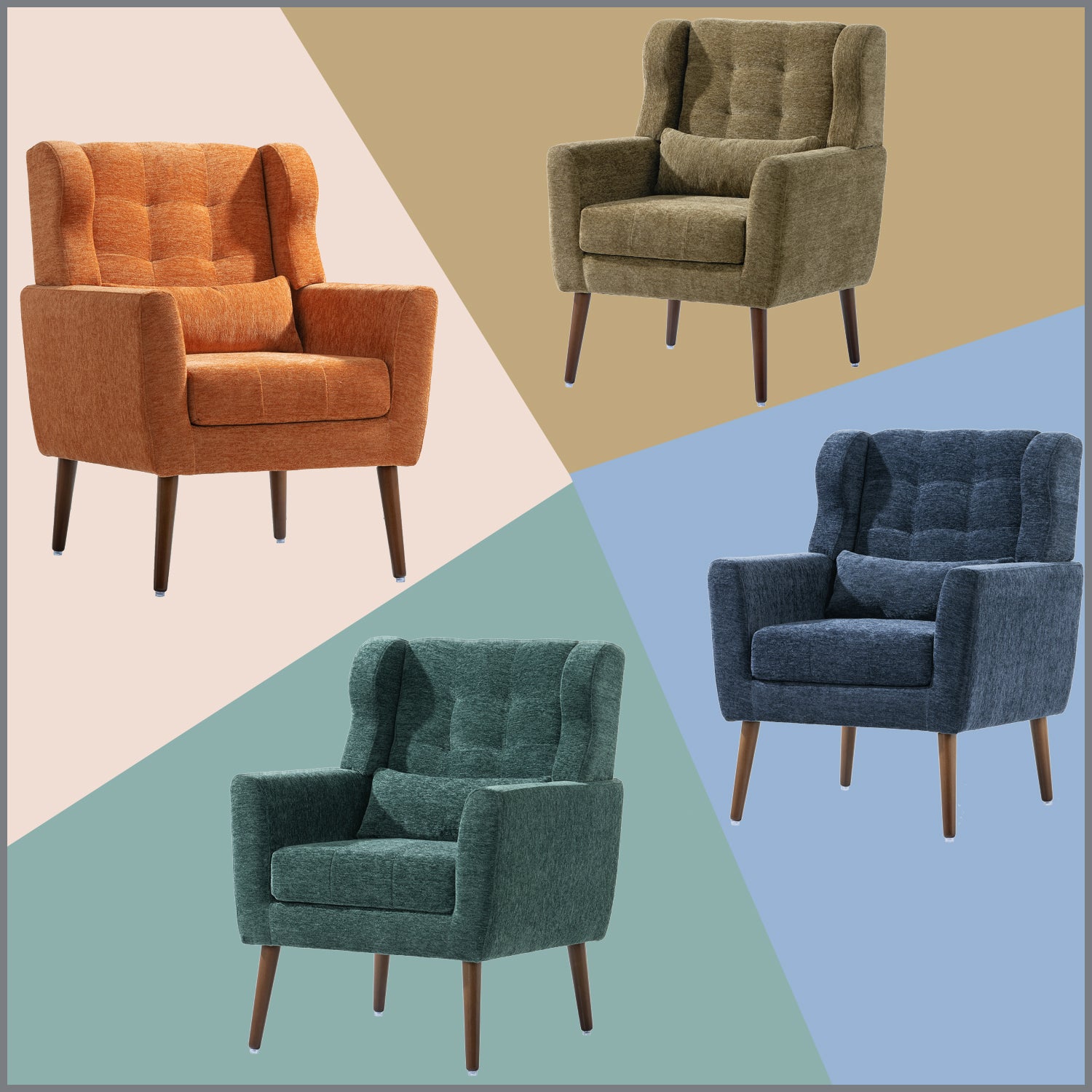 Modern Accent Chair,Chenille Arm Chairs for Living Room,Upholstered Mordern Armchair,Comfy Soft Padded Lounge Chair in Small Space, Bedroom, w/Pillow, Solid Wood Leg (Olive Green)