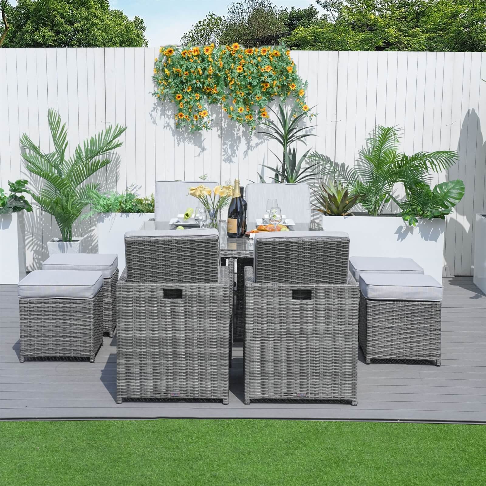 8-Seat Outdoor Dining Set with Cube Table and Ottomans (PAD-3233B)