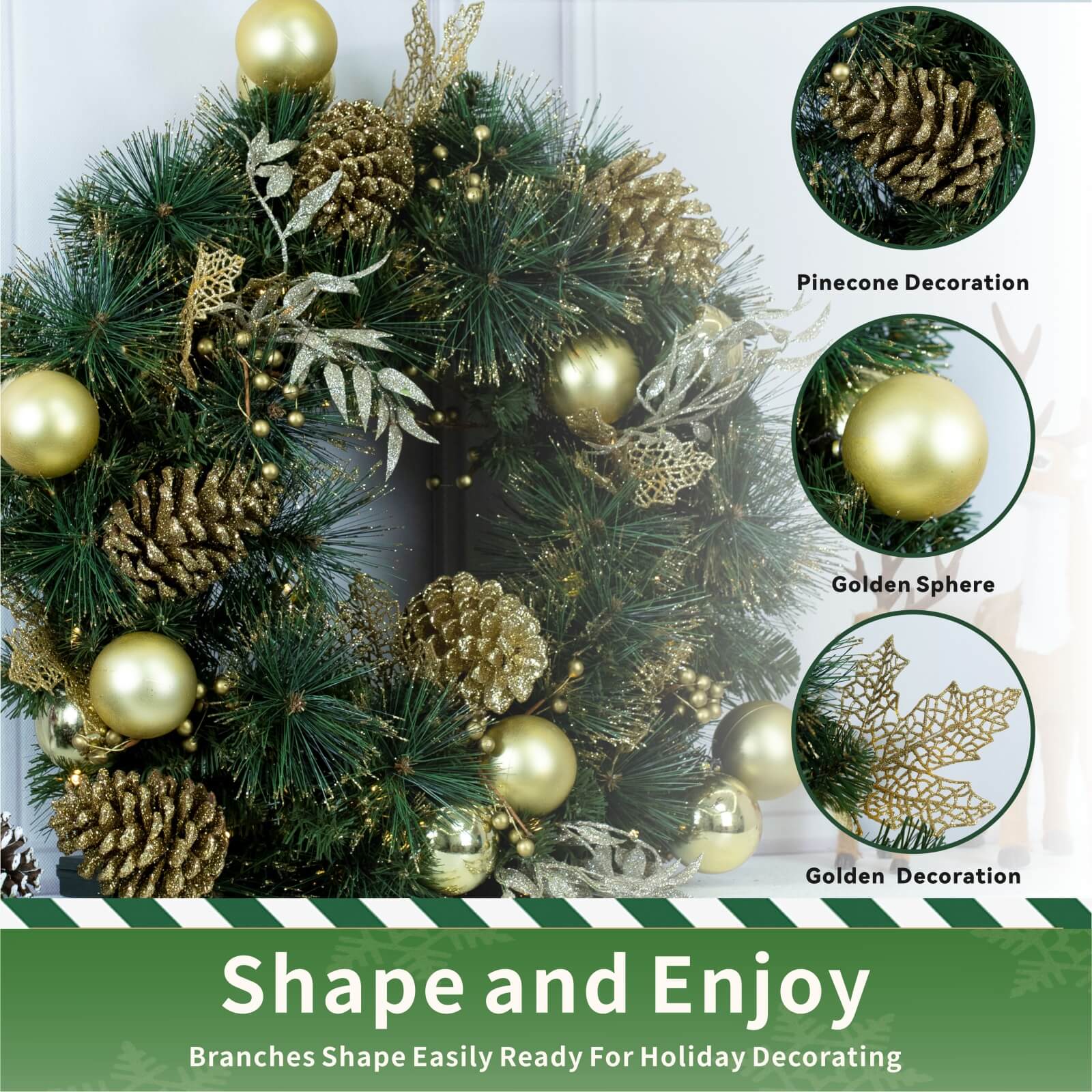 Artificial Christmas Wreath with Gold Accents – Pre-Lit or Unlit Options(PJW-2510)