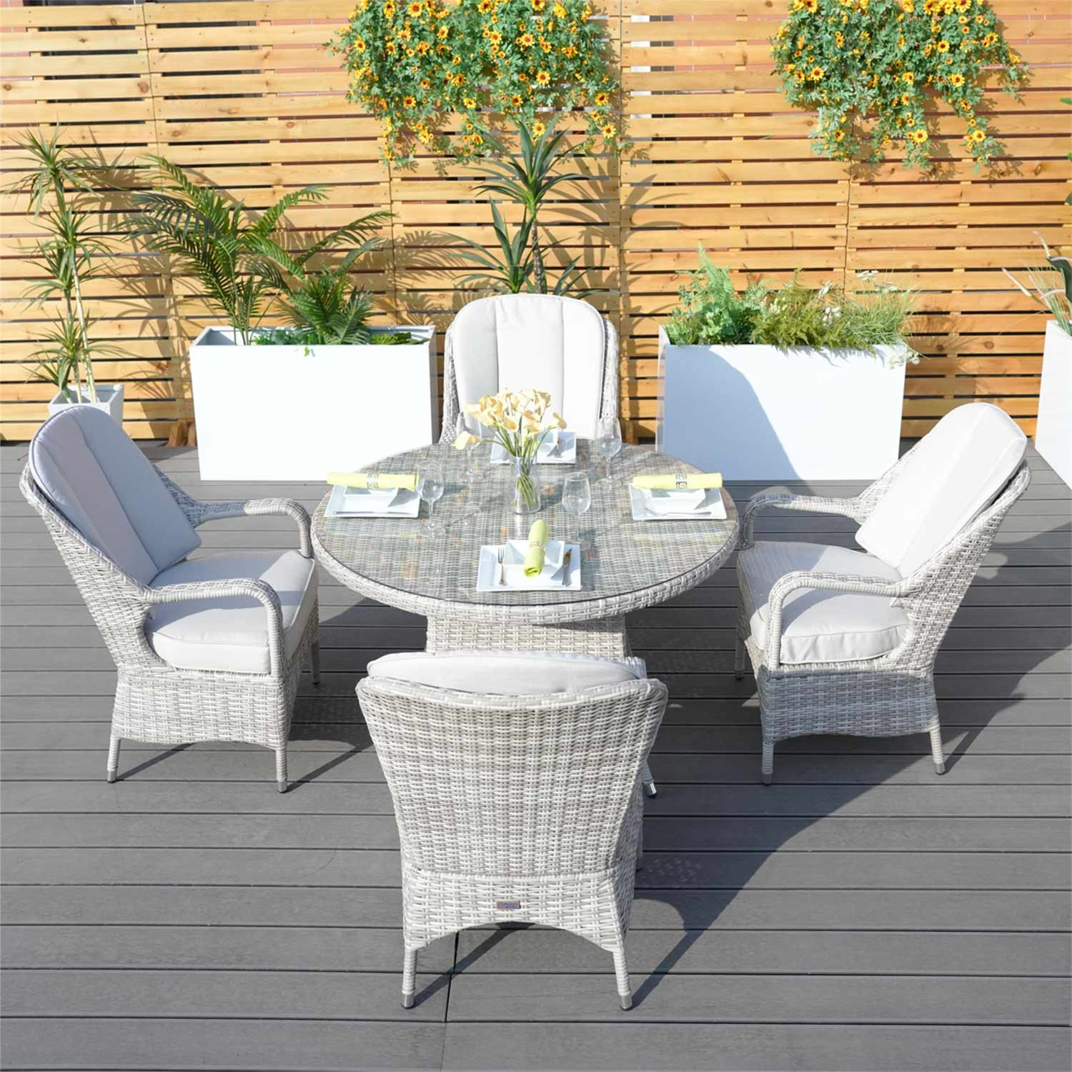 Abrihome 5-Pieces Dining Set 6 Rattan Chairs with Cushions (PAD-1709-WH)