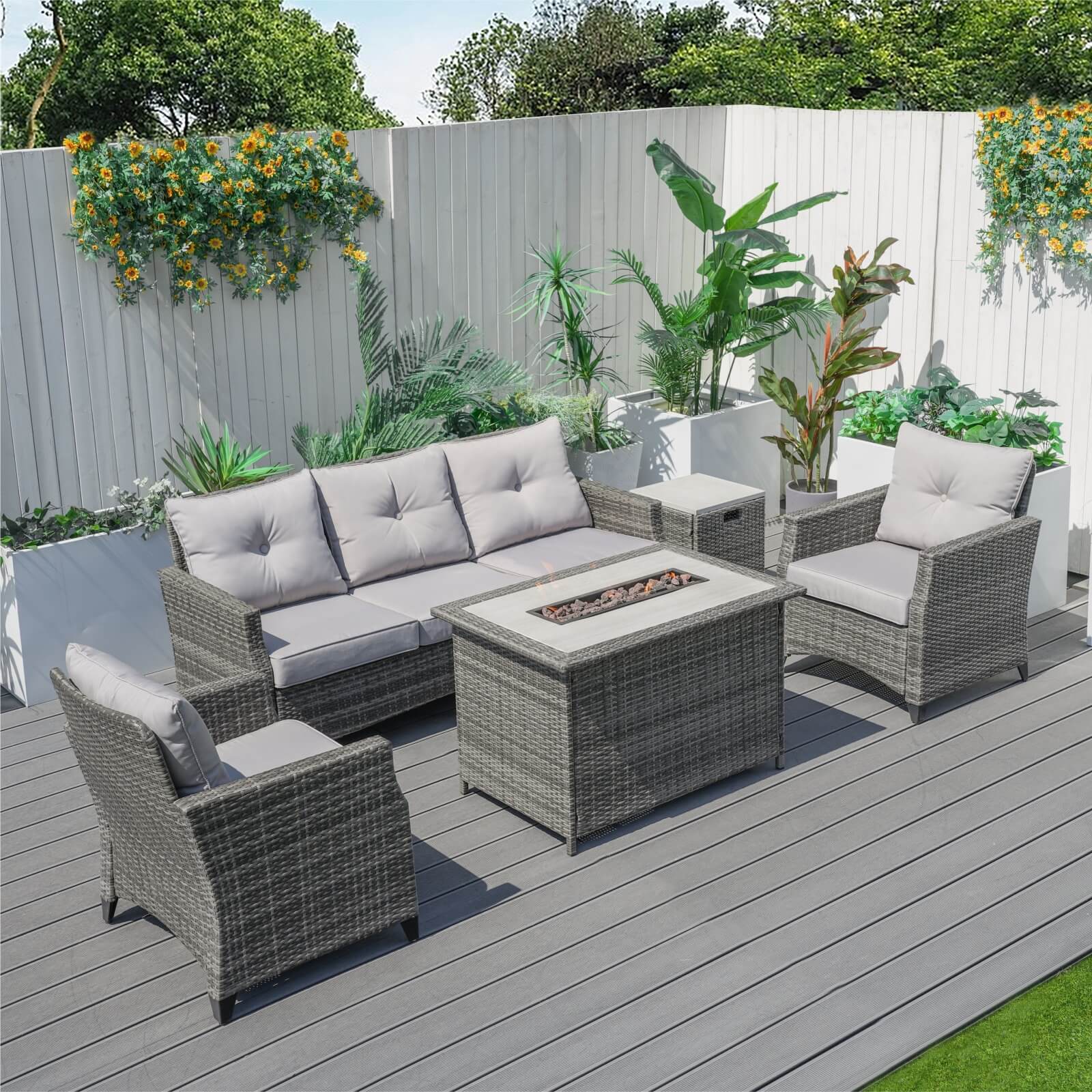 5-Piece Outdoor Fire Pit Patio Set with Gray Sofas and Fire Pit Table(PAF-1802P)