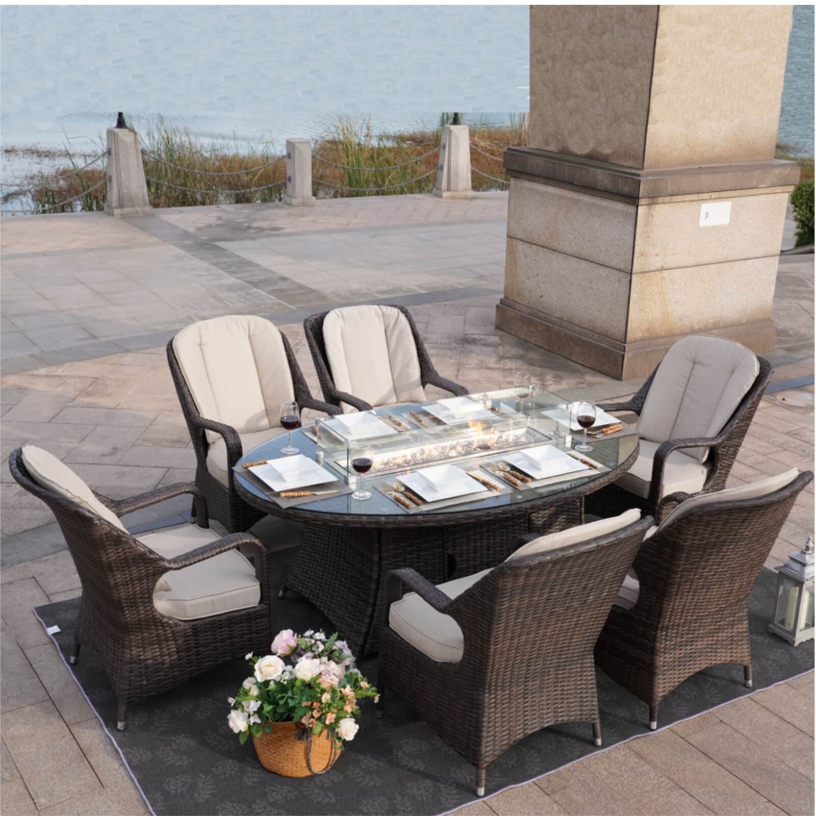 6-Seat Brown Outdoor Fire Pit Dining Set with Oval Gas Fire Pit Table(PAG-1106O-SET)