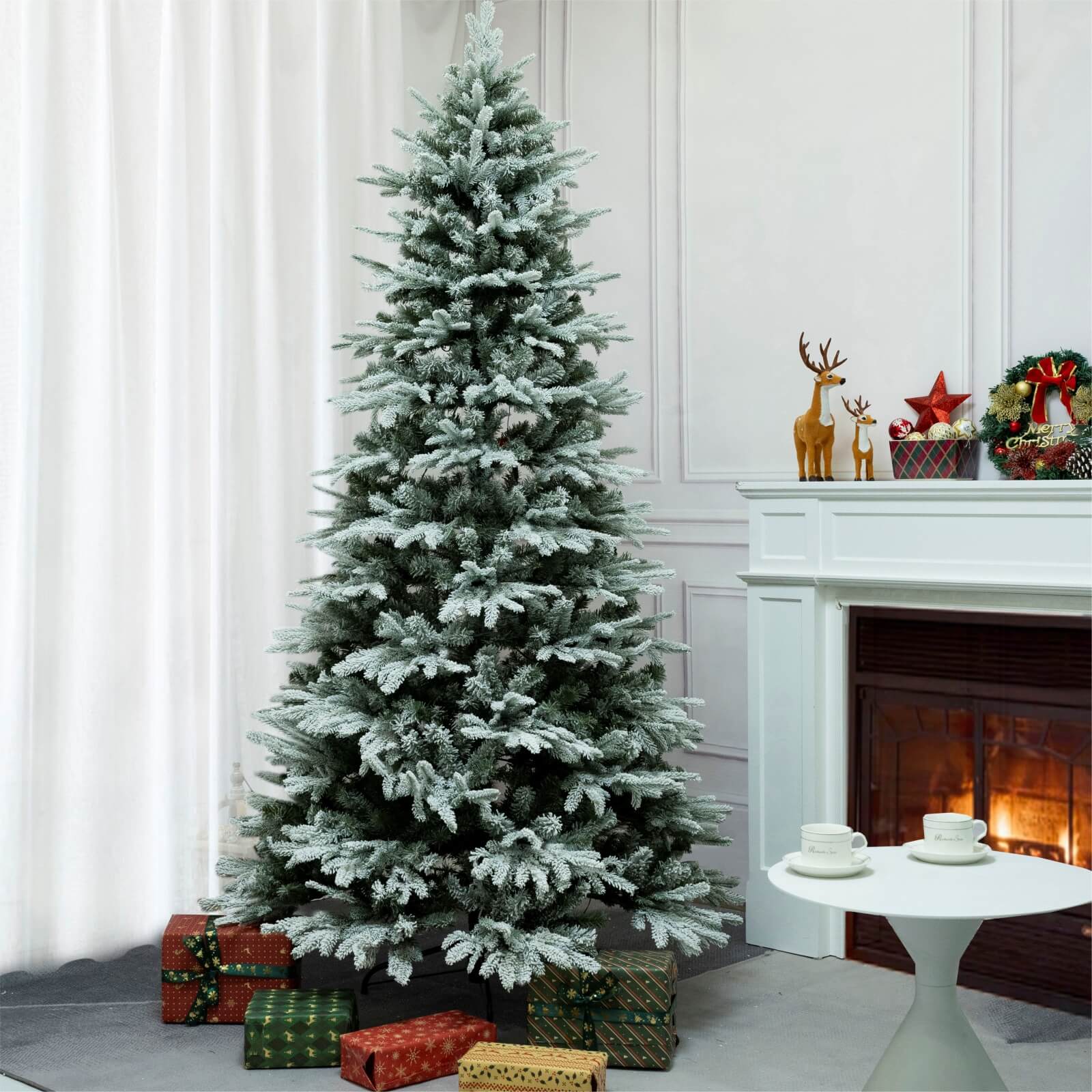 6FT Snow-Flocked Artificial Christmas Tree with Optional Warm White LED Lights(PJT-2507-6FT)
