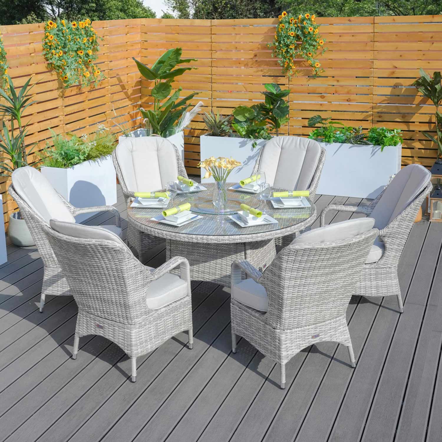 Abrihome 7-Pieces Dining Set 6 Rattan Chairs with Cushions (PAD-1711-WH)