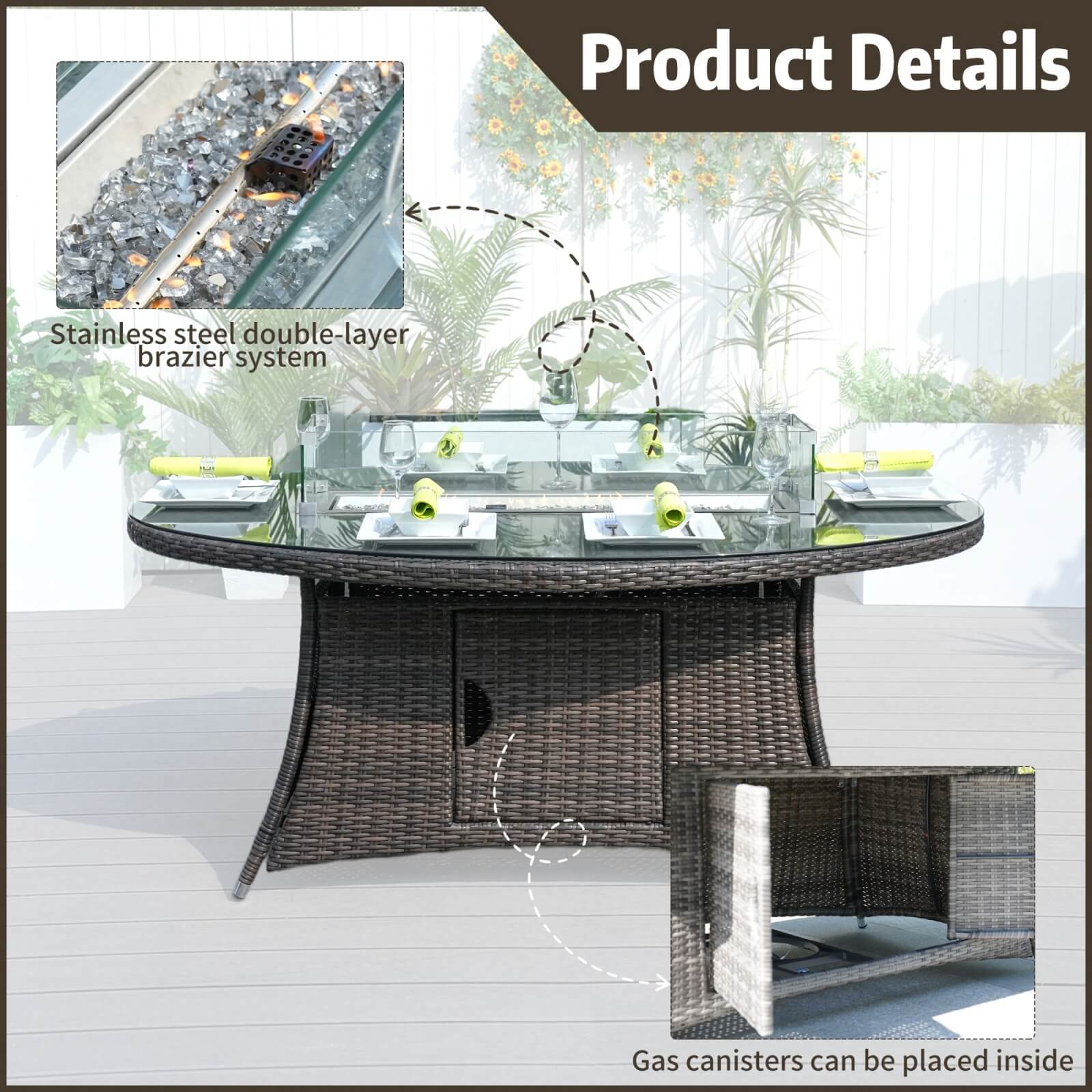 6-Seat Brown Outdoor Fire Pit Dining Set with Oval Gas Fire Pit Table(PAG-1106O-SET)
