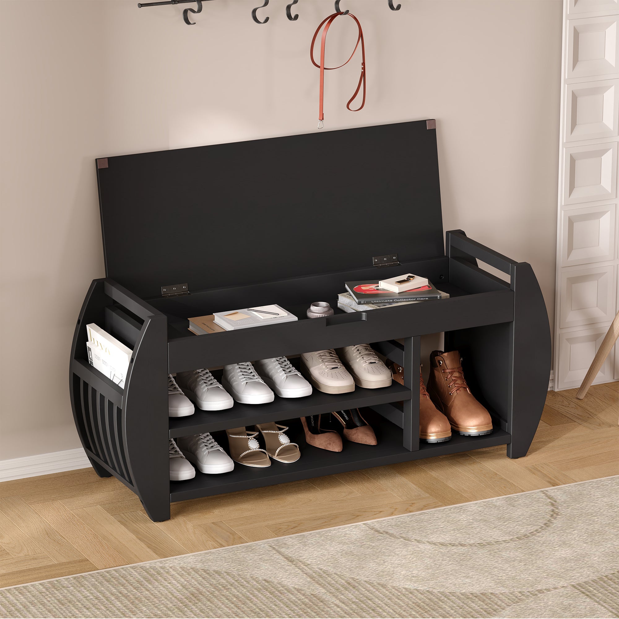 TREXM Retro Multifunctional Storage Bench with Cushion and Curved Side Panel for Entrance and Living Room (Black)
