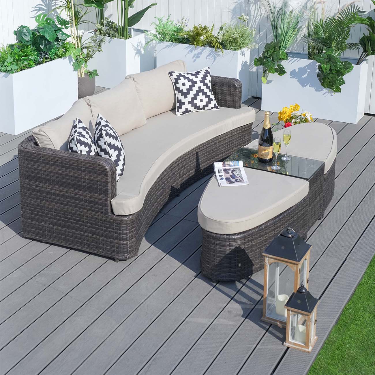 Abrihome Garden Rattan Wicker Out Furniture Patio 4 Piece Deep Seating Group Daybed with Cushions (PAL-1202)