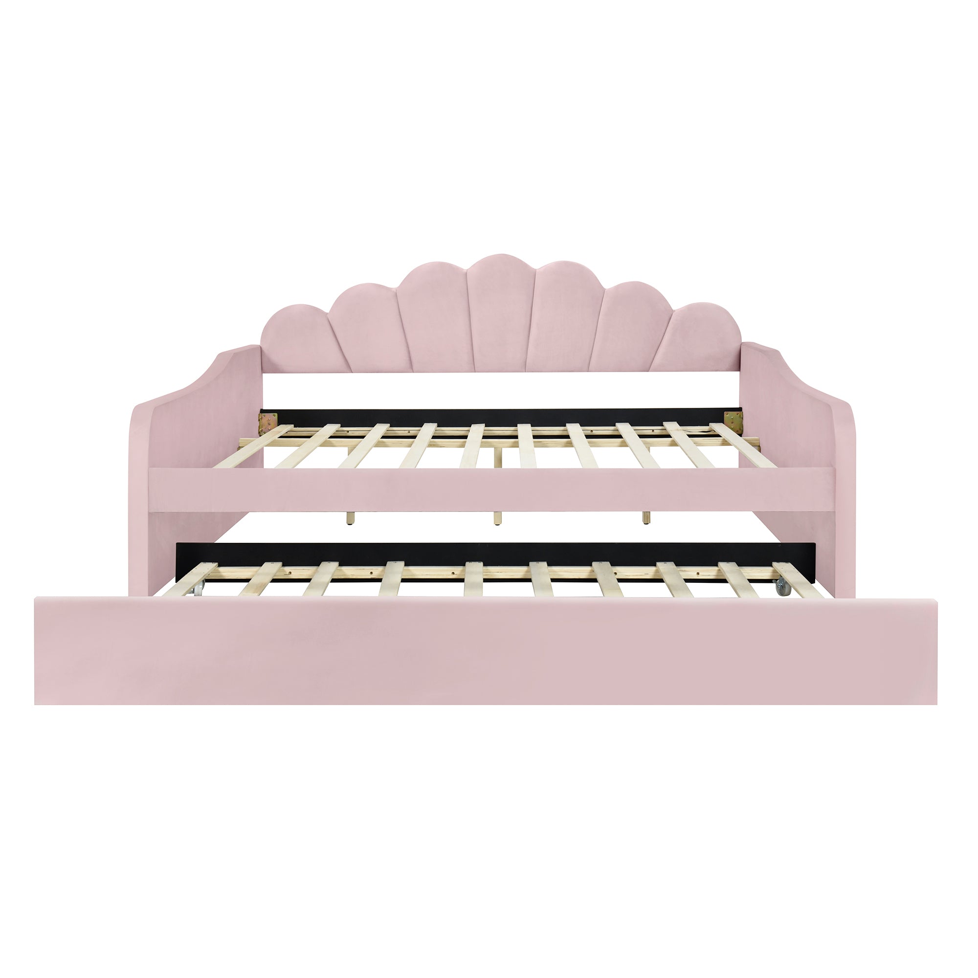 Full Size Upholstery Daybed Frame with Shall Shaped Backrest  and Trundle,Pink