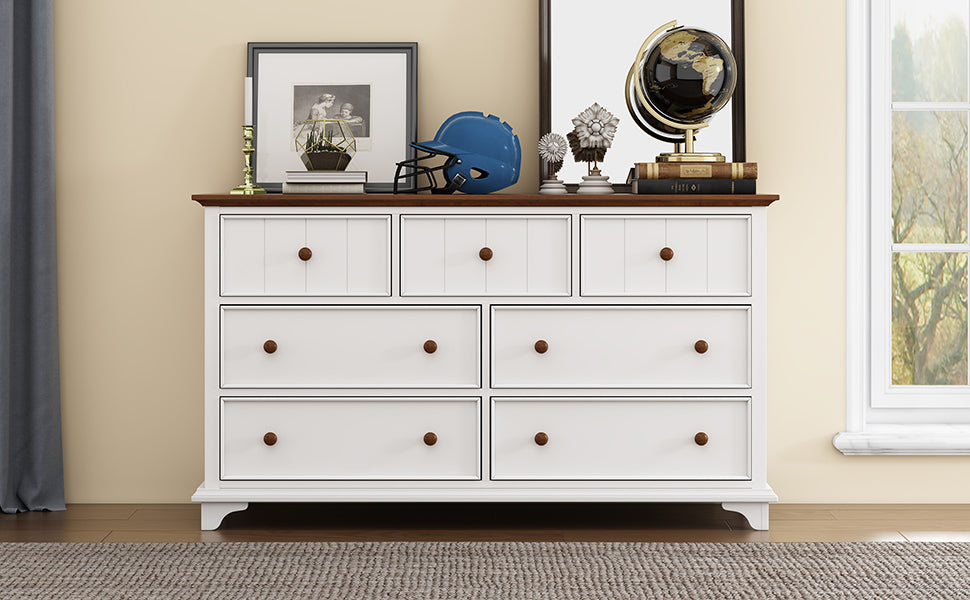 Wooden Captain Seven-Drawer Dresser for Bedroom, Living Room, Kids' Room, White+Walnut