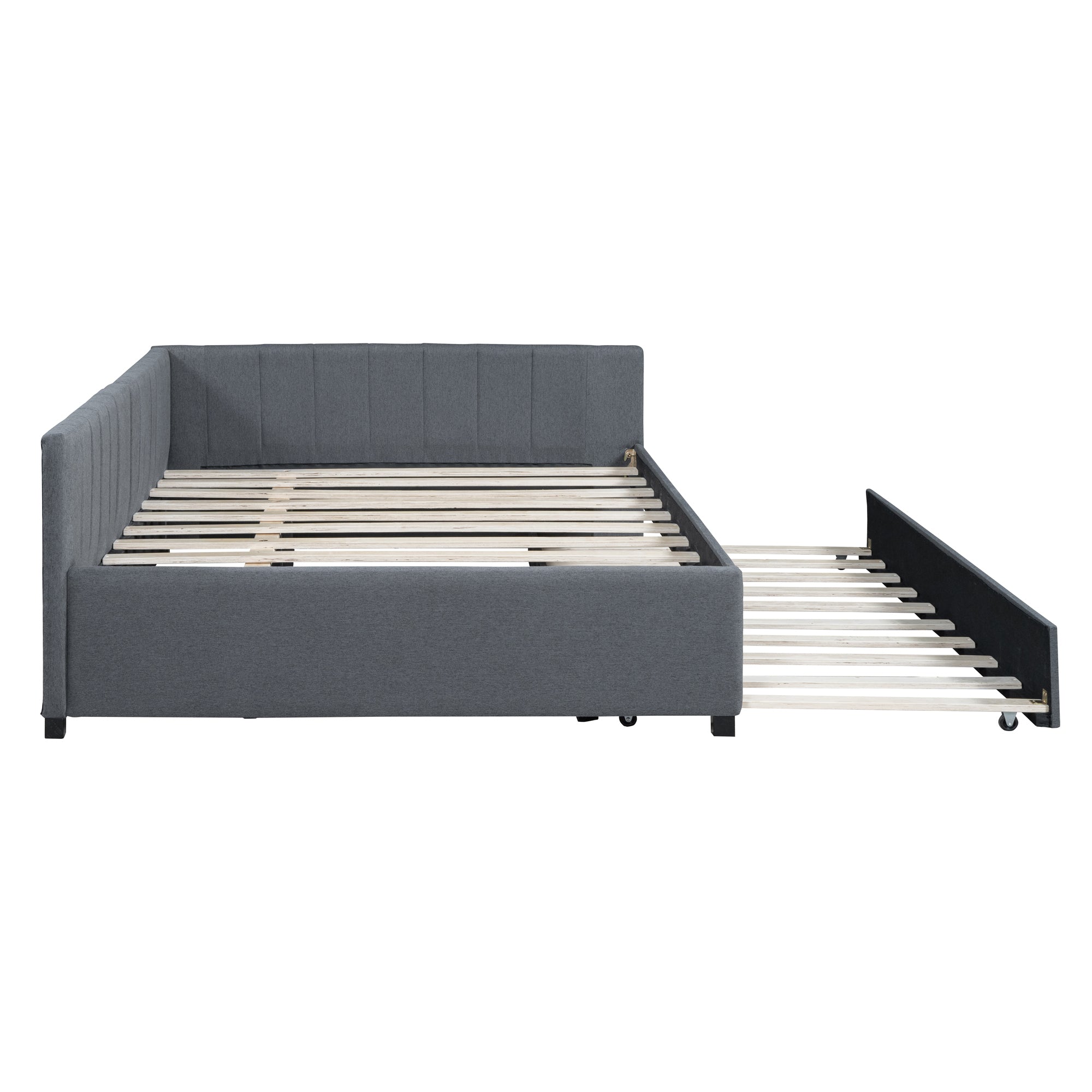 Full Size Upholstered Daybed with Trundle Sofa Bed Frame No Box Spring Needed, Linen Fabric(Gray)