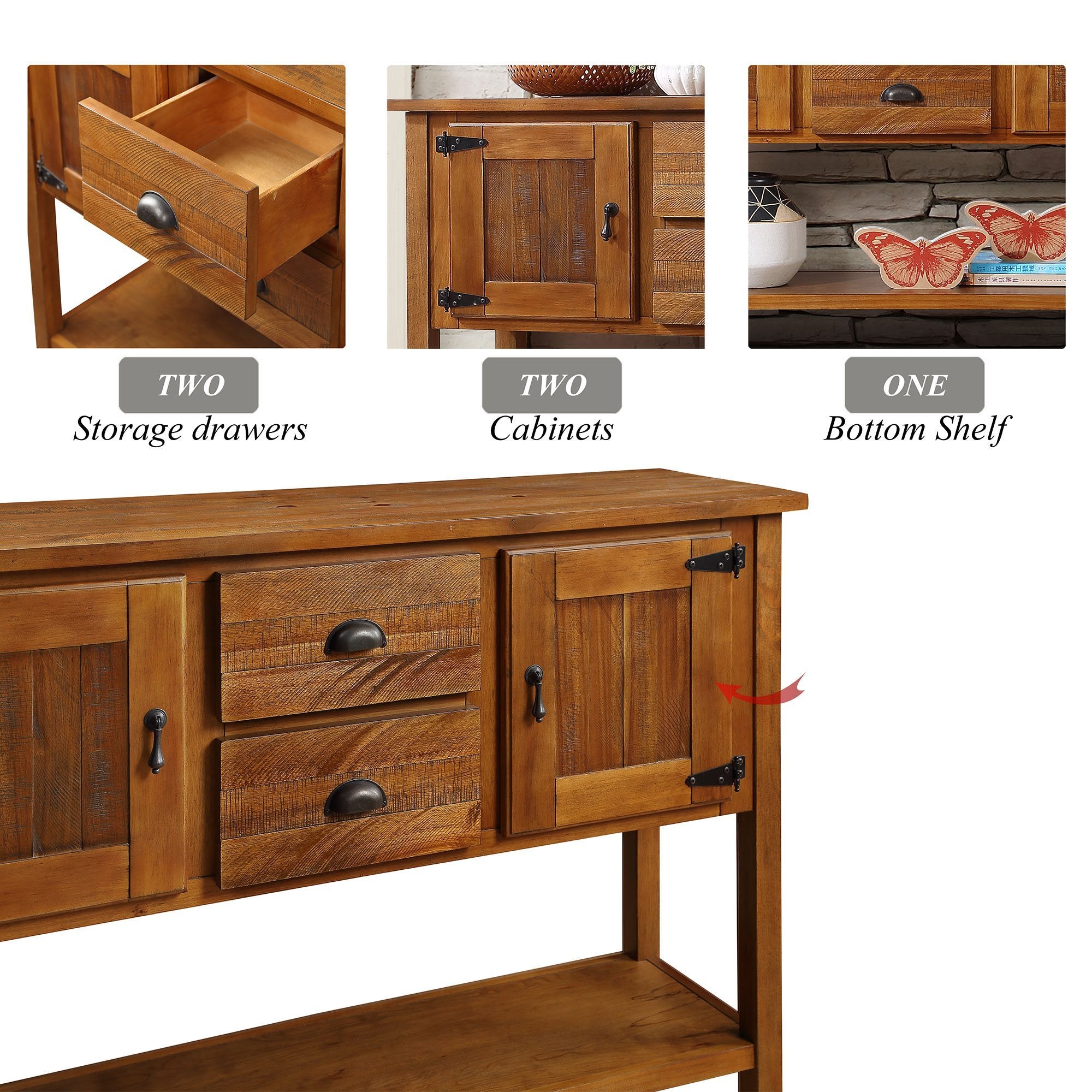 48'' Solid Wood Sideboard Console Table with 2 Drawers and Cabinets and Bottom Shelf, Retro Style Storage Dining Buffet Server Cabinet for Living Room Kitchen Dining Room(Brown)