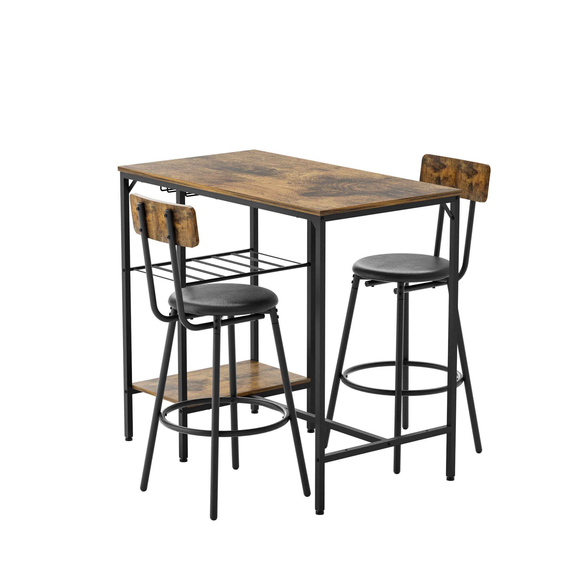 Bar Table and Chairs Set for 2, 3 Pieces Pub Dining Table Set, 2 Bar Stools PU Upholstery Seat with Backrest for Kitchen, Apartment, Small Space