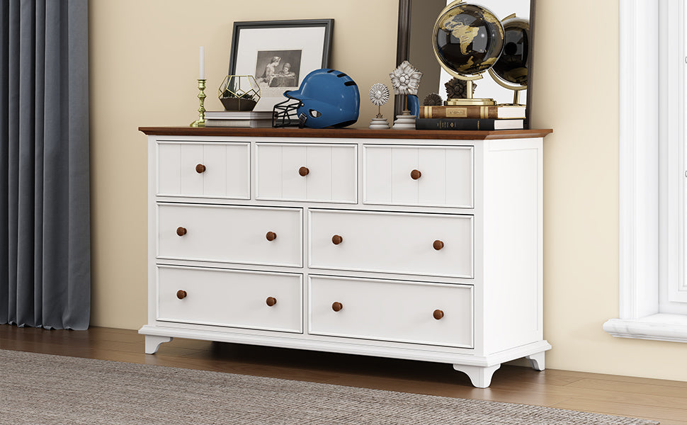 Wooden Captain Seven-Drawer Dresser for Bedroom, Living Room, Kids' Room, White+Walnut