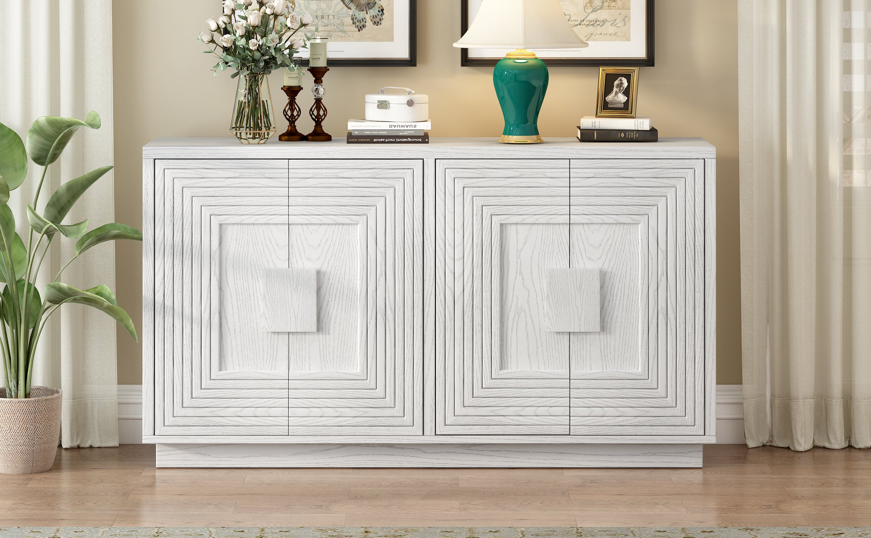 TREXM Vintage Distressed 4-Door Sideboard with Adjustable Shelves and Geometric Pattern for Dining Room, Kitchen and Living Room (Antique White)