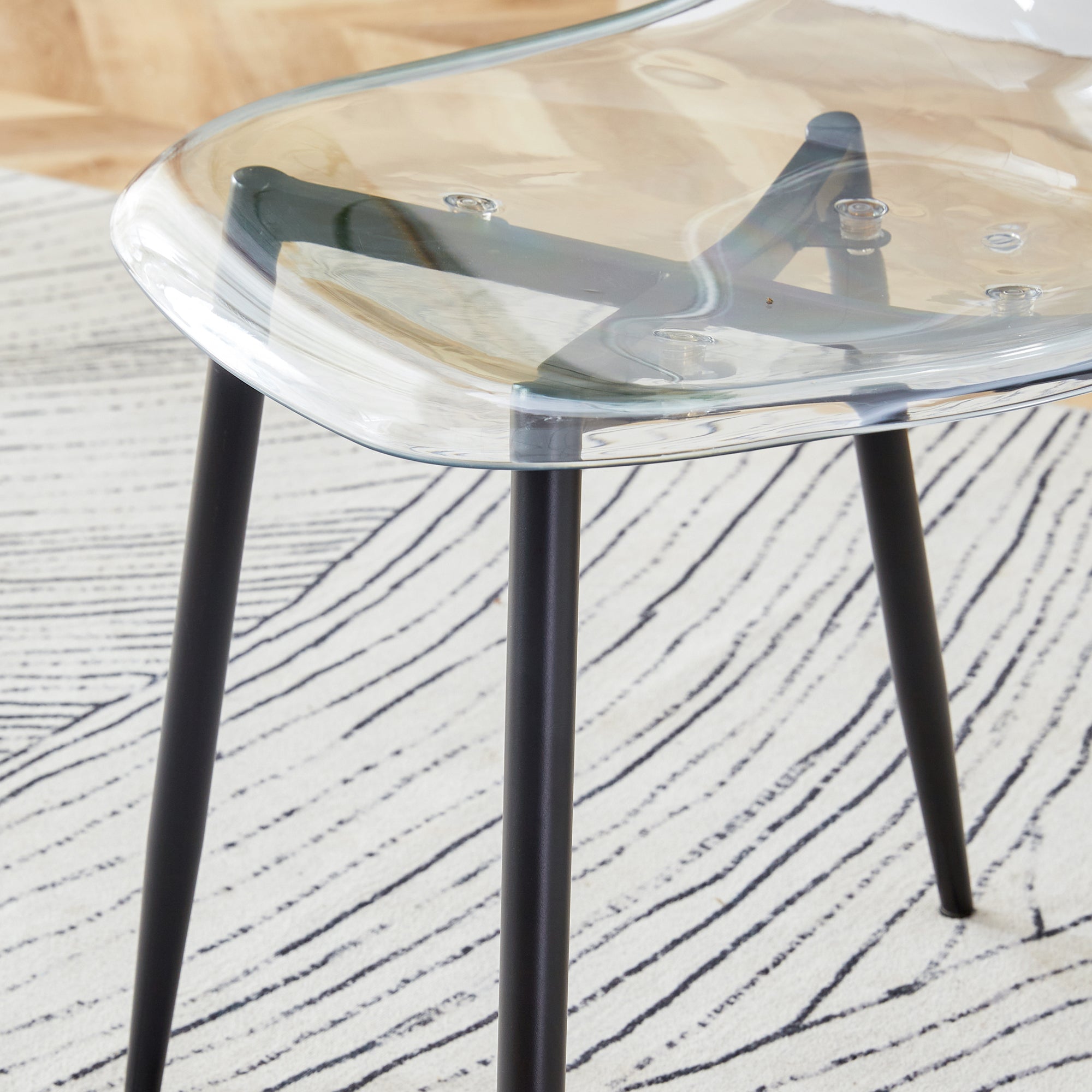 Modern minimalist transparent dining chair, plastic chair, armless crystal chair, Nordic creative makeup stool, negotiation chair, set of 4 pieces, black metal legs,TW-1200