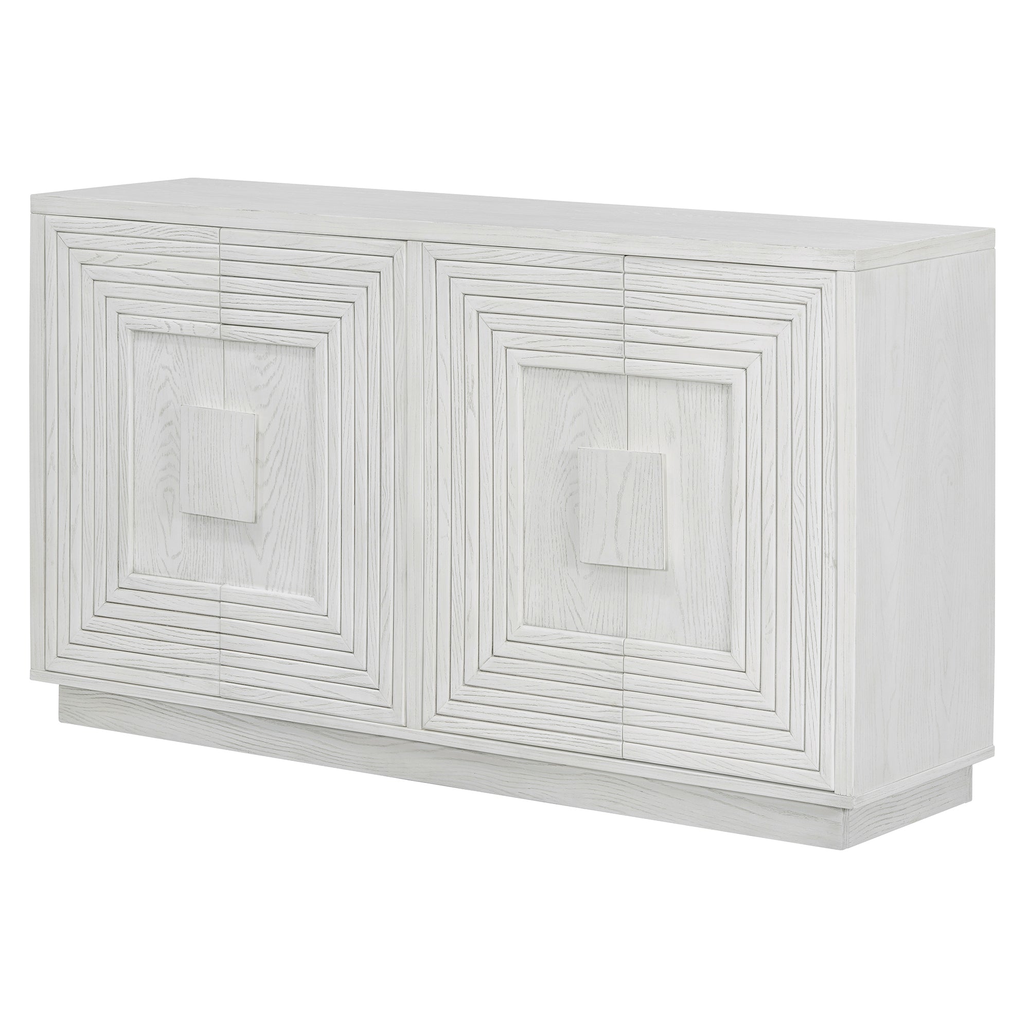 TREXM Vintage Distressed 4-Door Sideboard with Adjustable Shelves and Geometric Pattern for Dining Room, Kitchen and Living Room (Antique White)