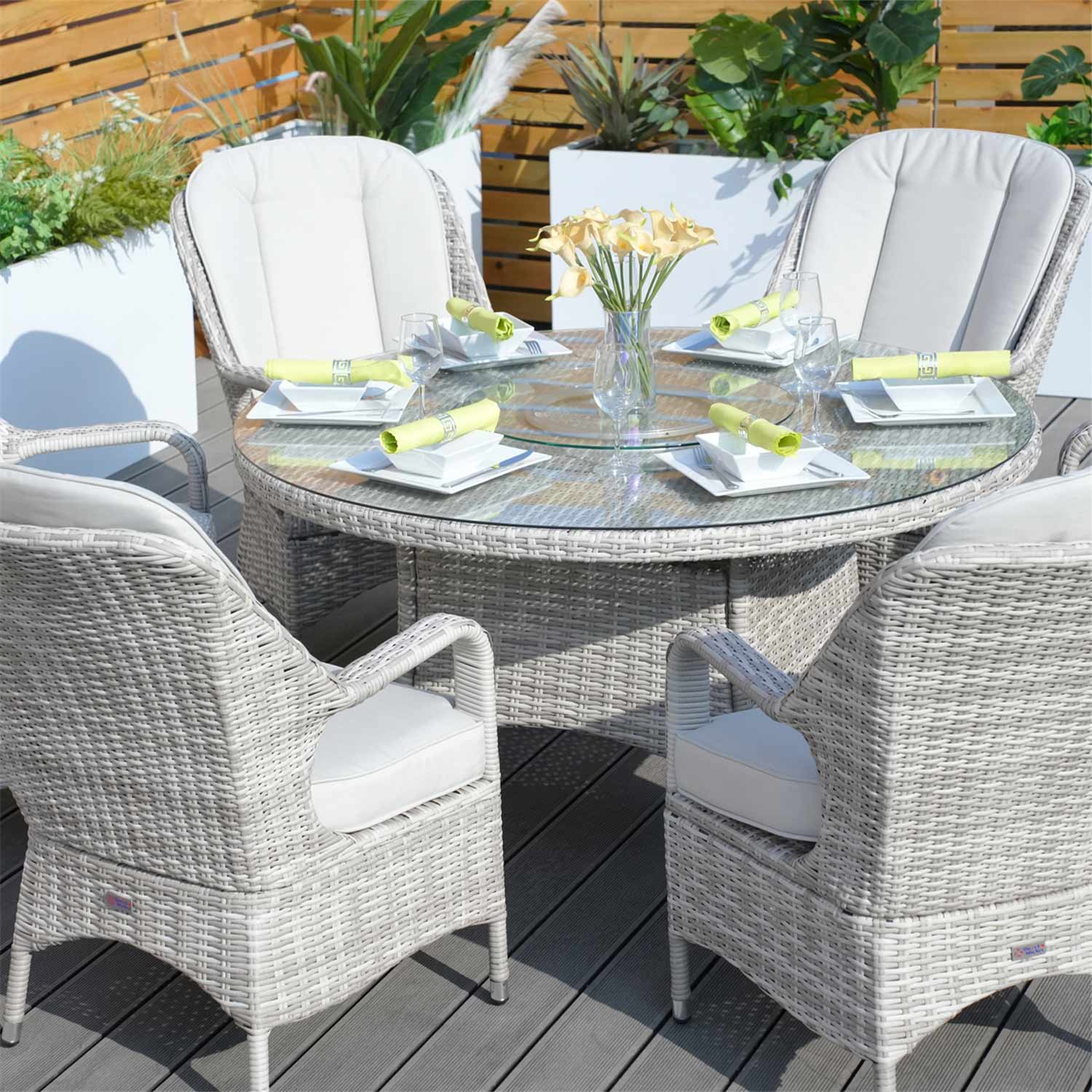 Abrihome 7-Pieces Dining Set 6 Rattan Chairs with Cushions (PAD-1711-WH)
