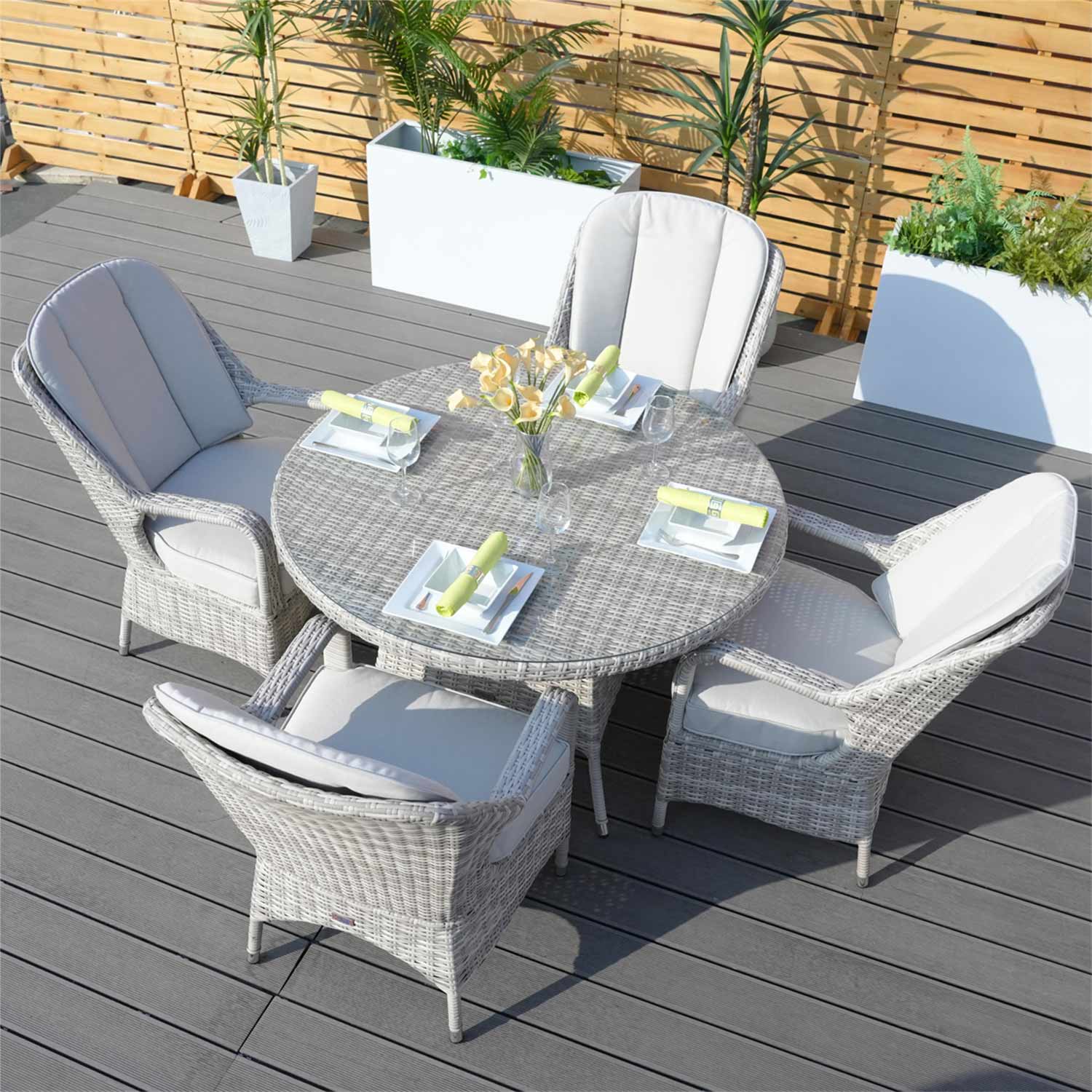 Abrihome 5-Pieces Dining Set 6 Rattan Chairs with Cushions (PAD-1709-WH)