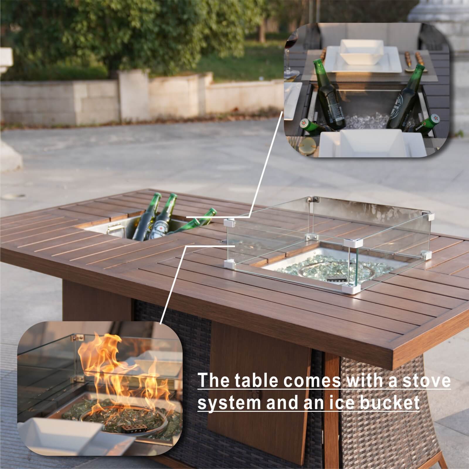 Outdoor 6-Seat Dining Set with Fire Pit Table and Ice Bucket(PAG-1106FI-SET)