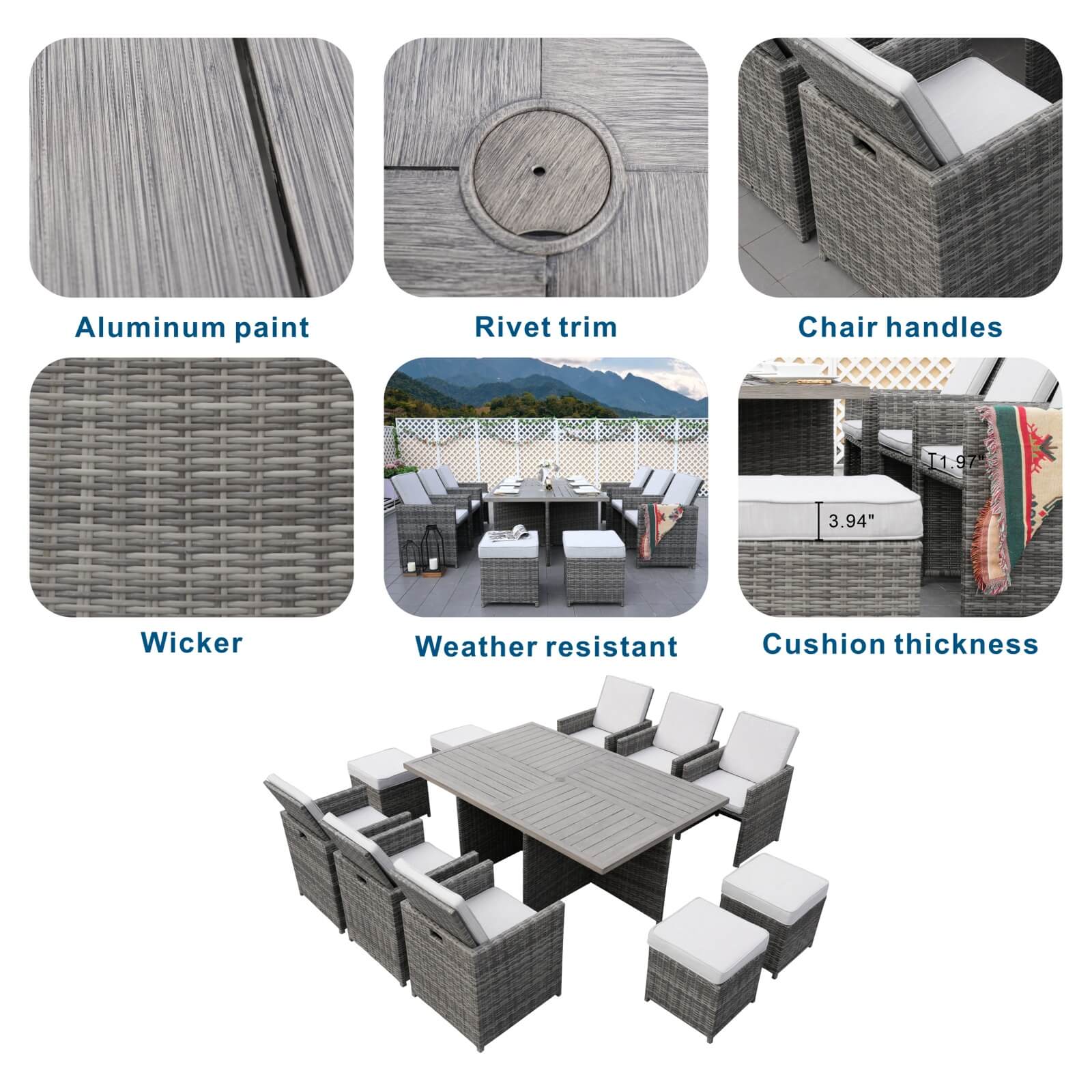 Carmel 10-Seat Outdoor Dining Set with Rectangular Aluminum Tabletop(PAD-3234TA-SET)