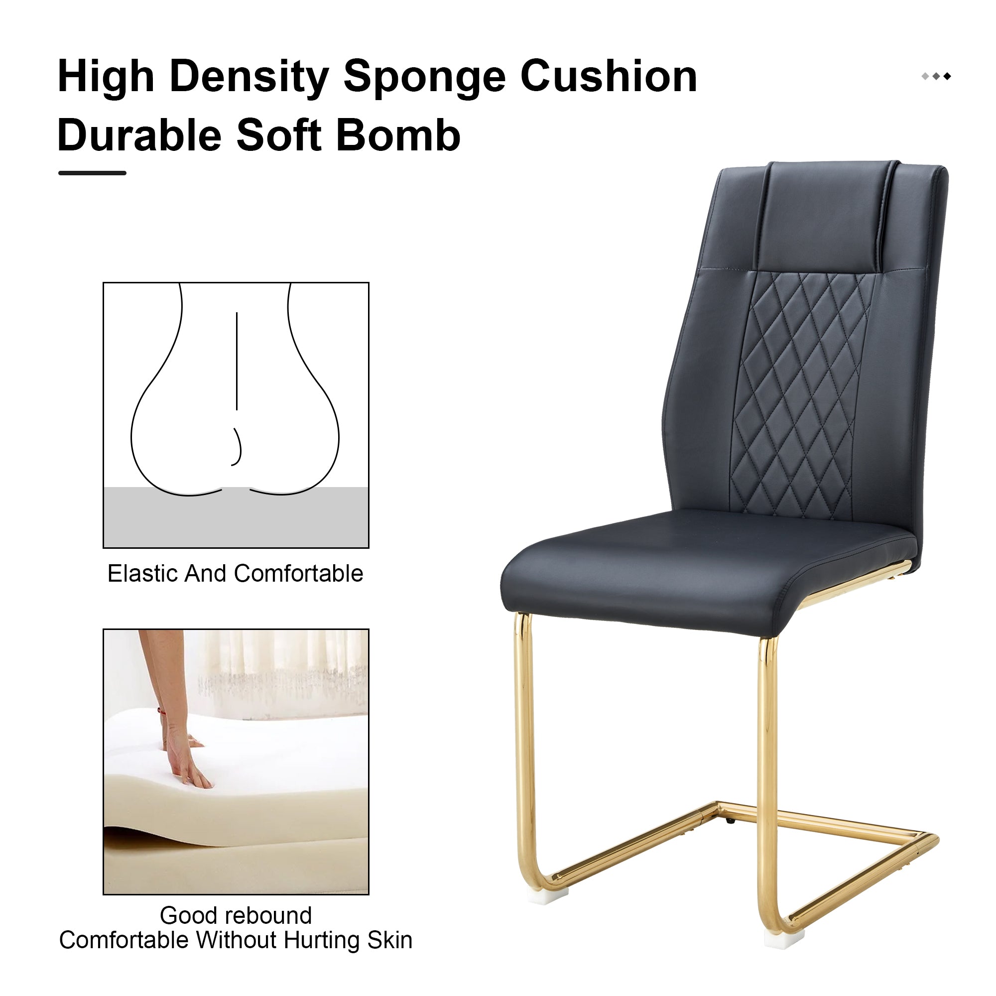 Modern dining chairs with faux leather padded seats, dining room chairs, gold metal leg upholstered chairs, suitable for kitchens, living rooms, bedrooms, and offices, set of 4 (black+PU leather)C-001