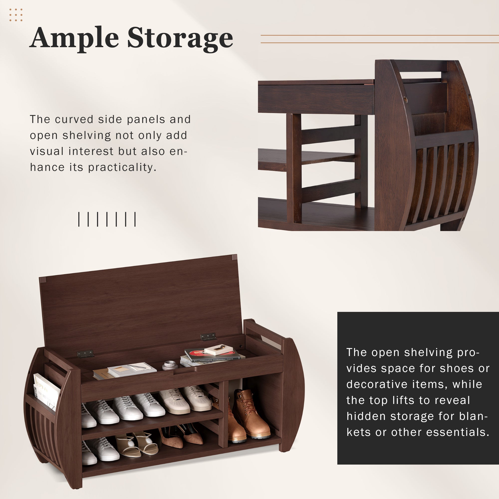 TREXM Retro Multifunctional Storage Bench with Cushion and Curved Side Panel for Entrance and Living Room (Espresso)