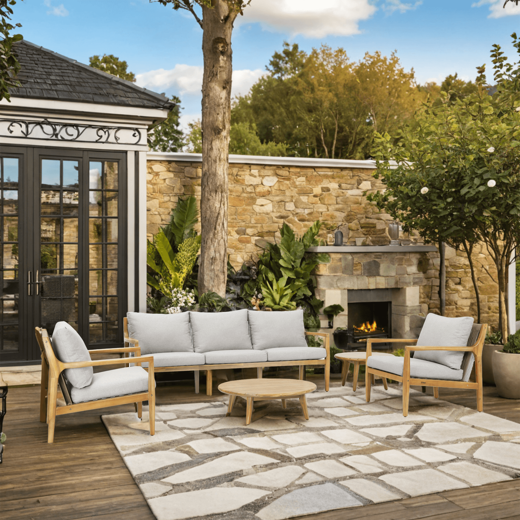 5-Piece Acacia Patio Set – Sofa & Table for Outdoor Gatherings(PAS-2513-3SC+SC*2+TA+ST)