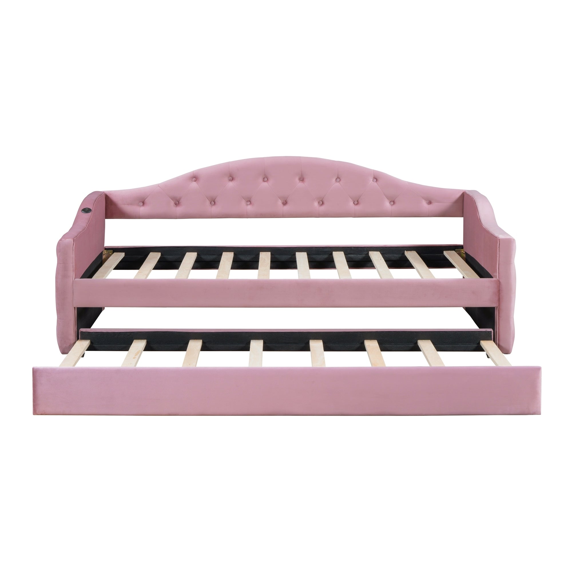Twin Size Tufted Upholstered Daybed with Trundle ,Velvet Sofabed with USB&Type-C Charging Ports,No Box-spring Needed, Pink