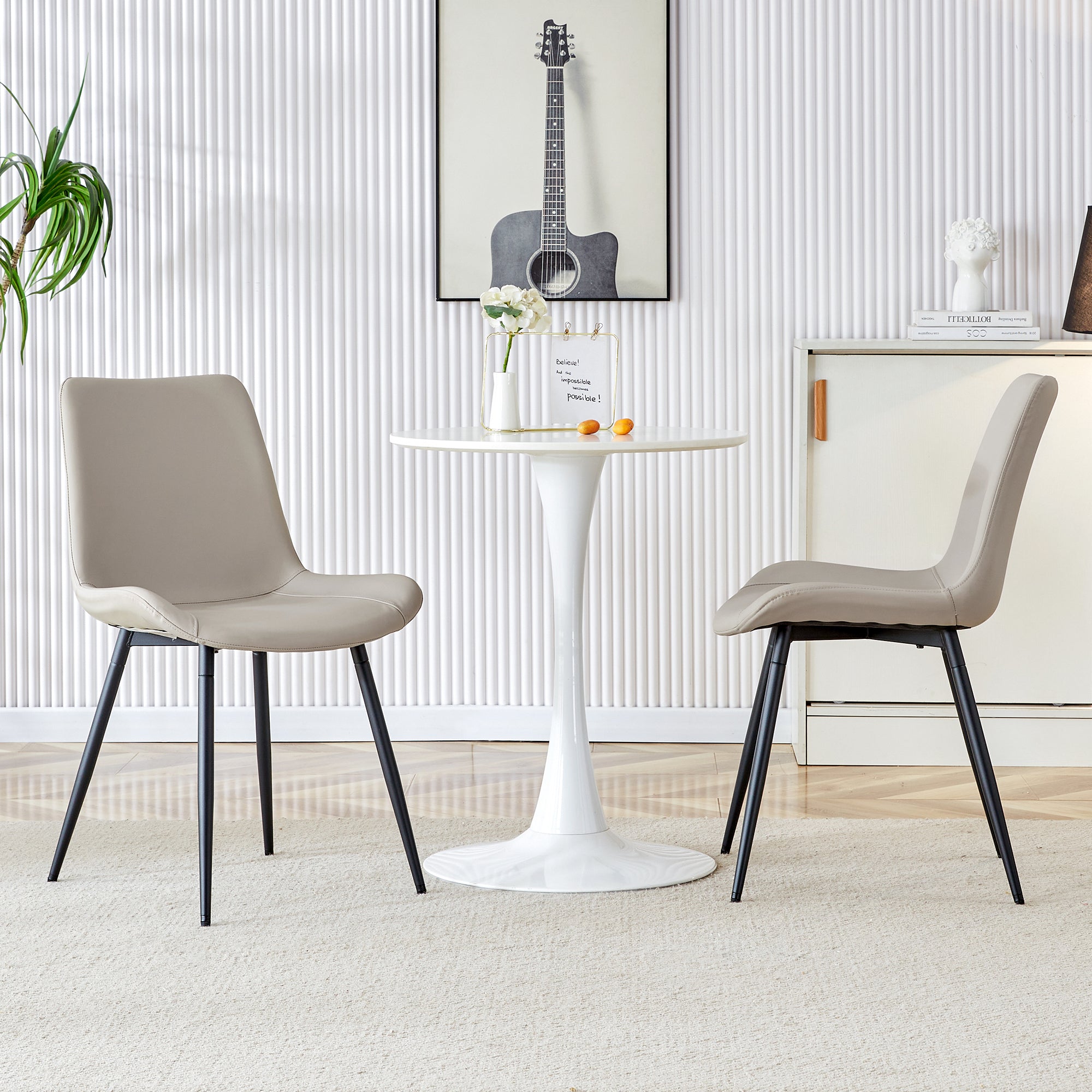 Light gray artificial leather backrest cushion dining chair, black metal legs, curved widened cushion design for more comfort, suitable for restaurants, kitchens, bedrooms, offices.(4 chairs) 0502
