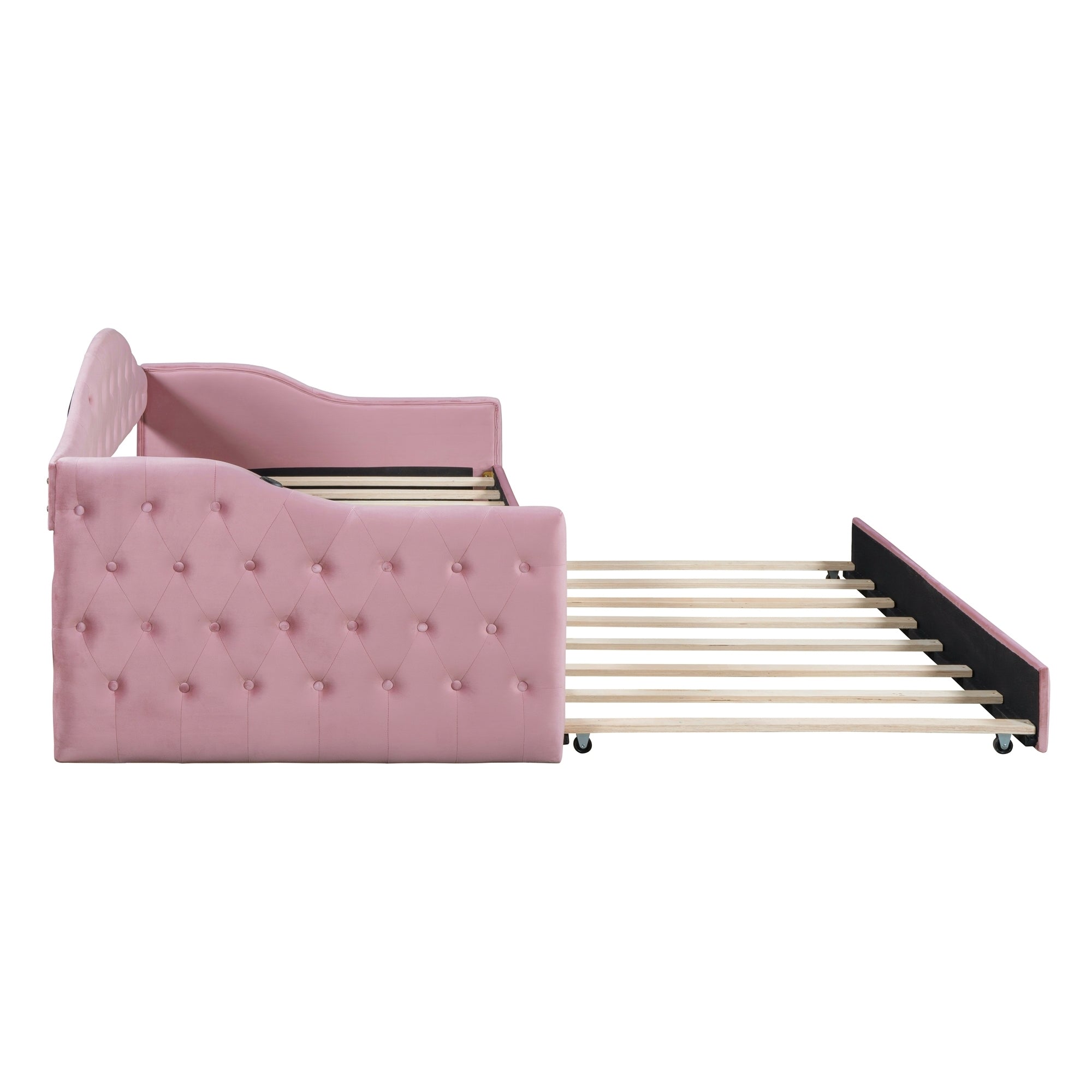 Twin Size Tufted Upholstered Daybed with Trundle ,Velvet Sofabed with USB&Type-C Charging Ports,No Box-spring Needed, Pink