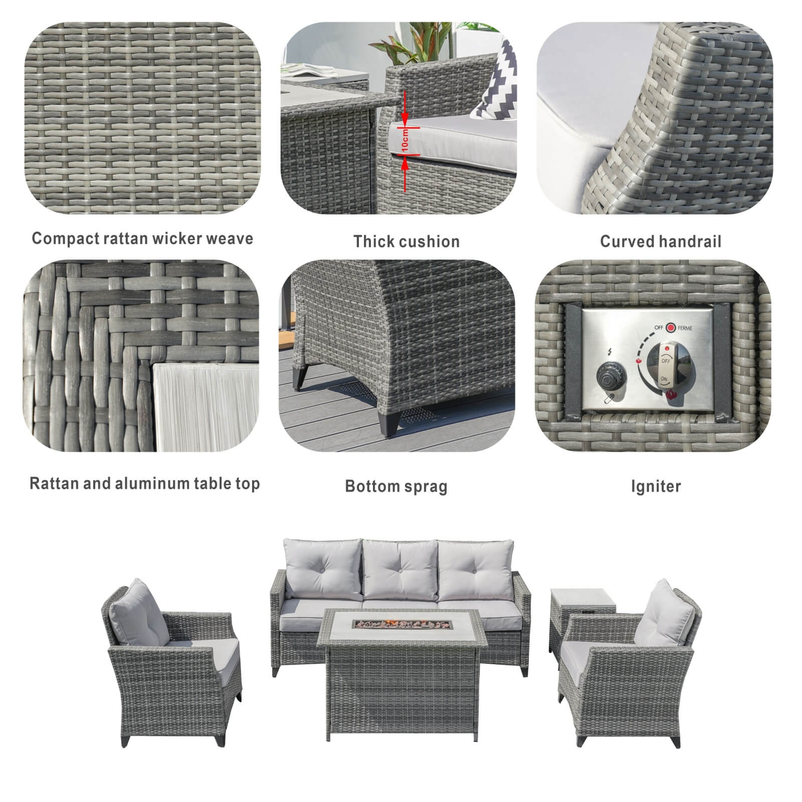 5-Piece Outdoor Fire Pit Patio Set with Gray Sofas and Fire Pit Table(PAF-1802P)