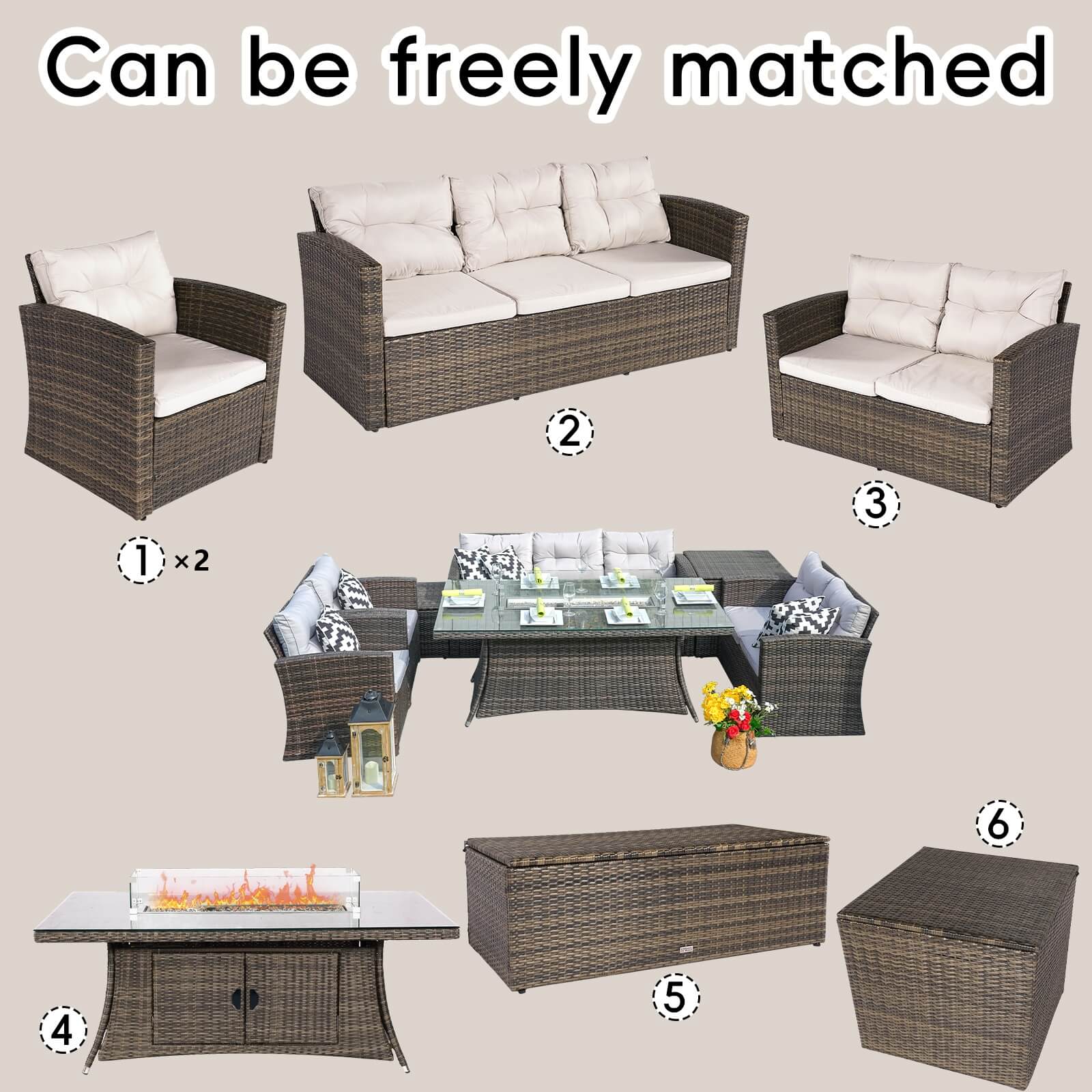 Complete 7-Piece Outdoor Seating Set with Fire Pit and Extra Storage Space(PAS-1503+1106R）