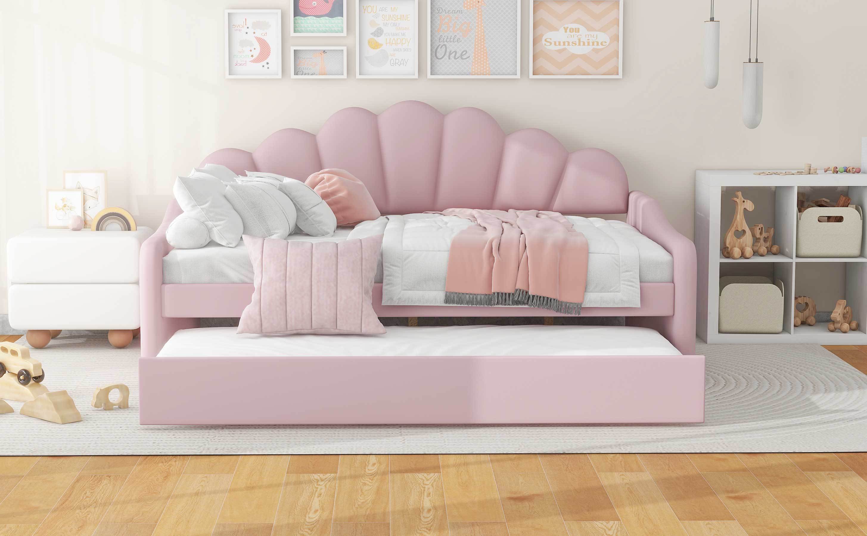 Full Size Upholstery Daybed Frame with Shall Shaped Backrest  and Trundle,Pink