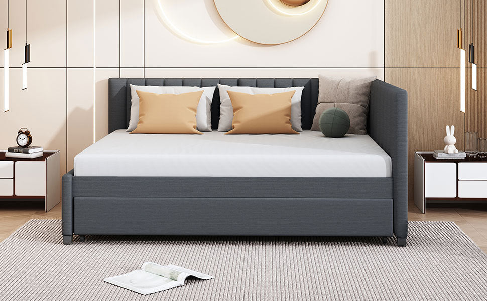 Full Size Upholstered Daybed with Trundle Sofa Bed Frame No Box Spring Needed, Linen Fabric(Gray)