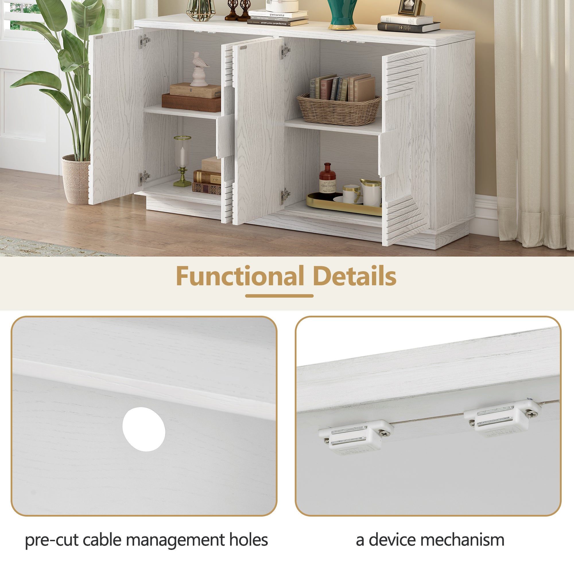 TREXM Vintage Distressed 4-Door Sideboard with Adjustable Shelves and Geometric Pattern for Dining Room, Kitchen and Living Room (Antique White)