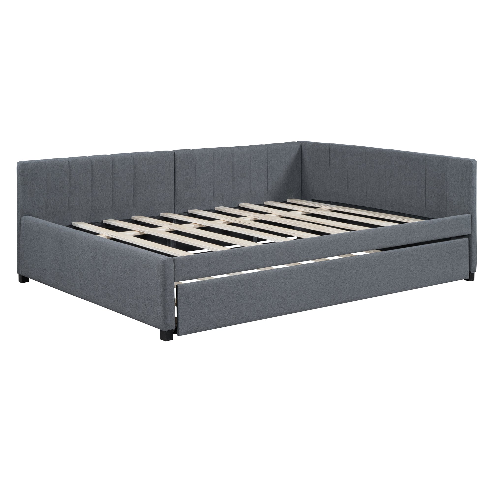Full Size Upholstered Daybed with Trundle Sofa Bed Frame No Box Spring Needed, Linen Fabric(Gray)