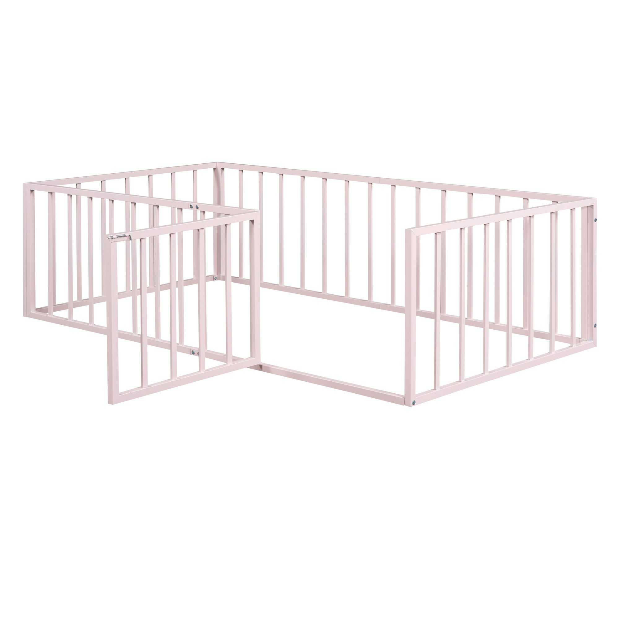Twin Size Metal Floor Bed Frame with Fence and Door, Pink