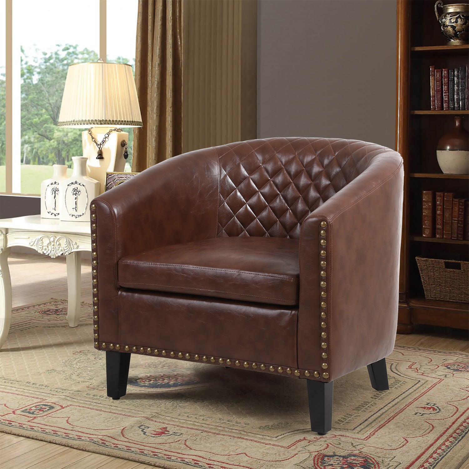 COOLMORE Barrel Chairs with Soft Padded Armrest, Club Chairs with nailheads and solid wood legs for Living Room Bedroom Waiting Room (PU Leather)