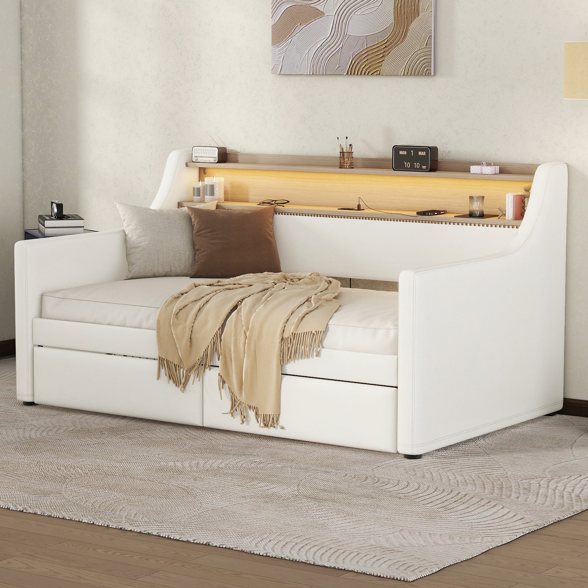 Twin Size Daybed with Drawers, Upholstered Daybed with Charging Station and LED Lights, White(Old Item W1580S00021)