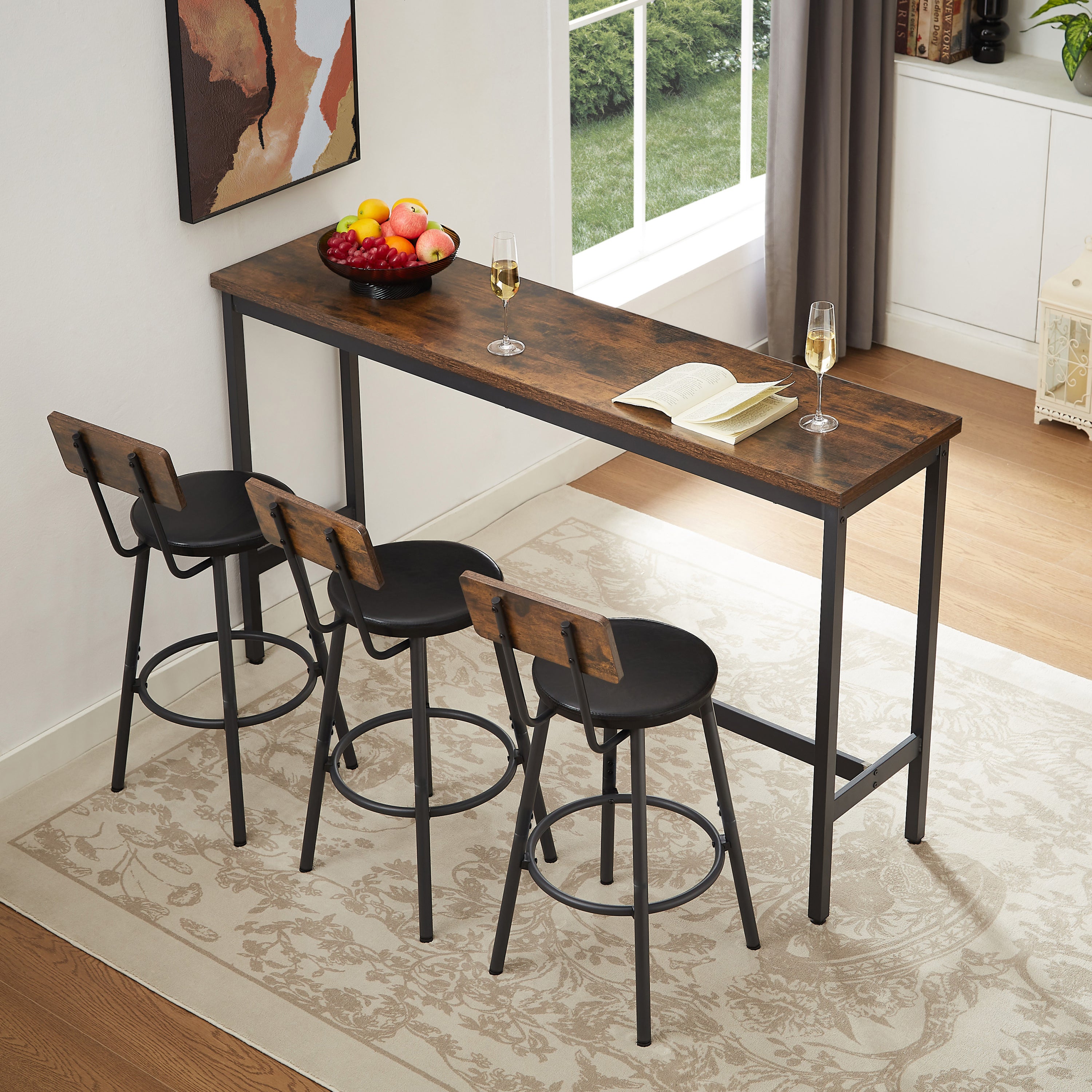 Long Bar Table Set with 3 PU Upholstered Bar Stools, Industrial Bar Table and Chairs for Kitchen Breakfast Table, Living Room, Banquet Hall, Rustic Brown and Black, 63″L x15.7"W x 37.5"H