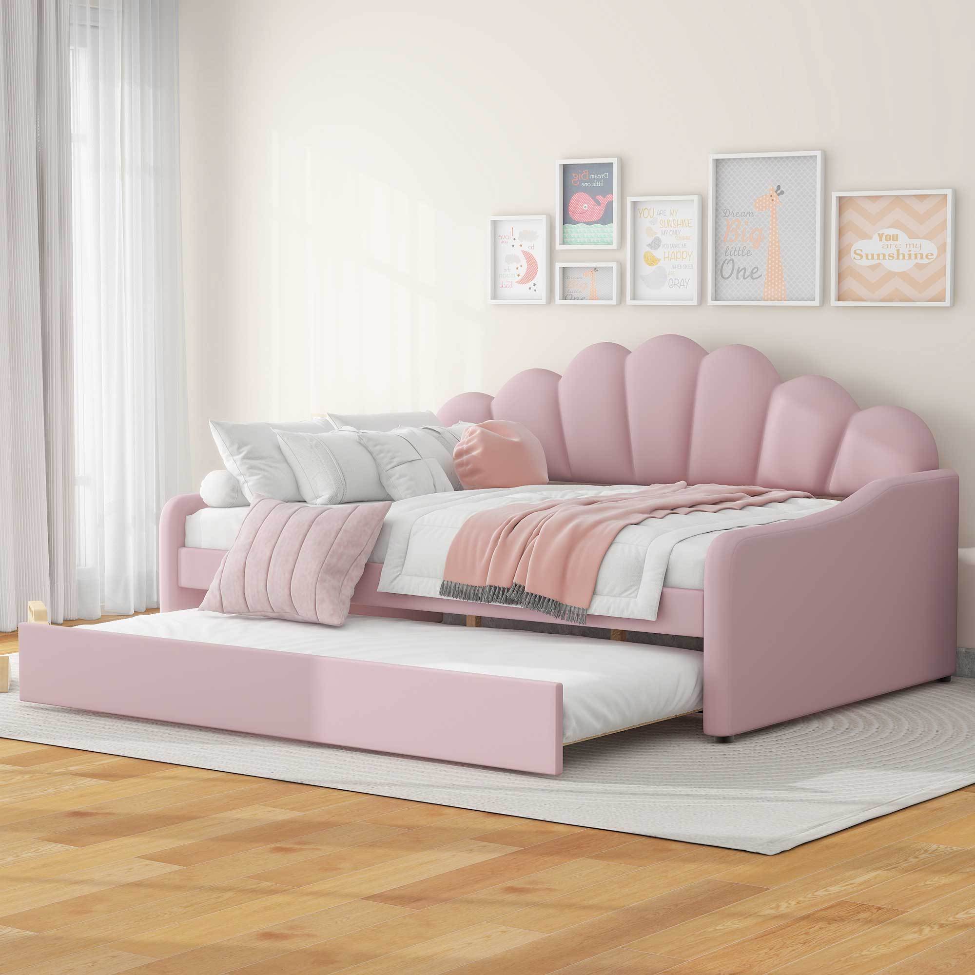 Full Size Upholstery Daybed Frame with Shall Shaped Backrest  and Trundle,Pink