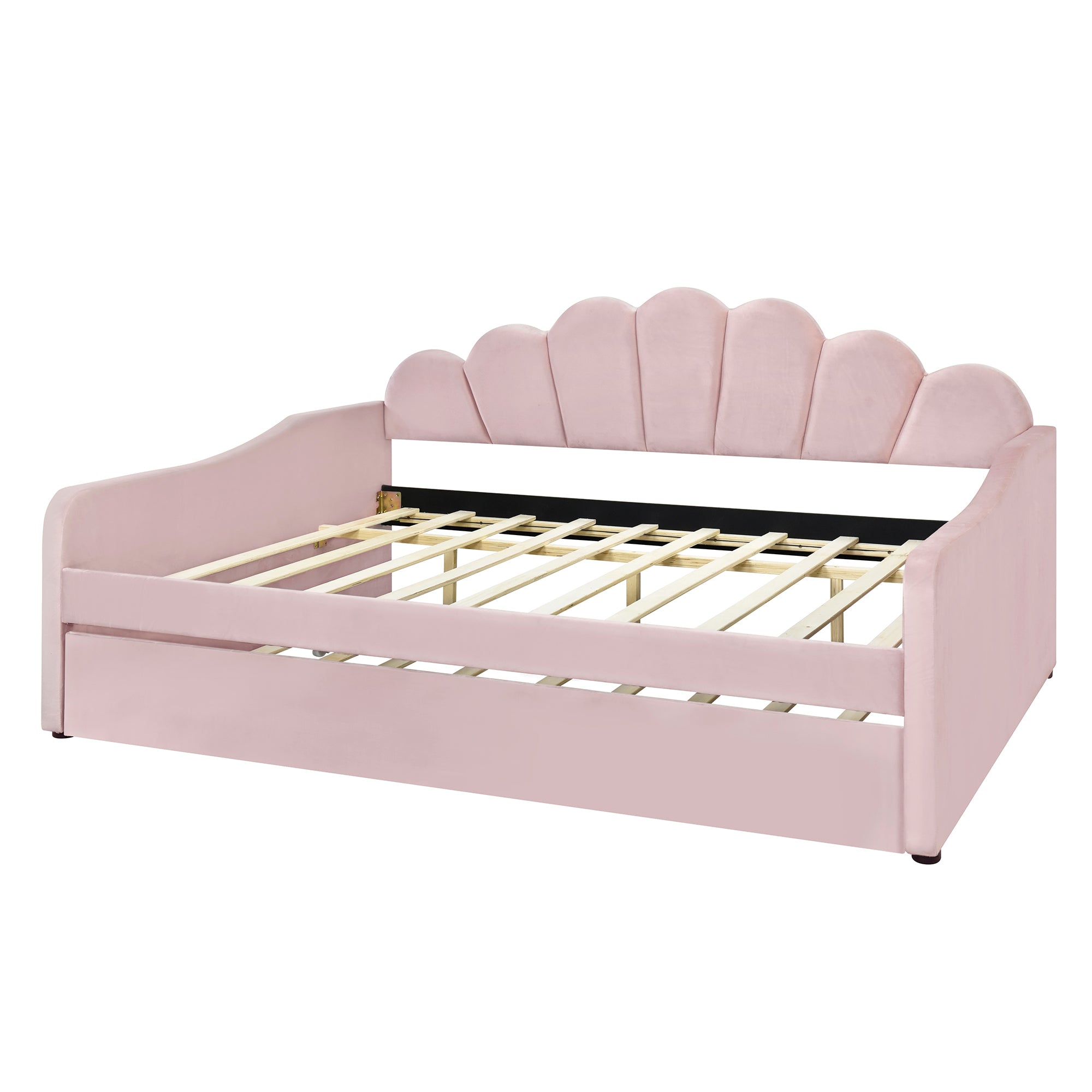 Full Size Upholstery Daybed Frame with Shall Shaped Backrest  and Trundle,Pink