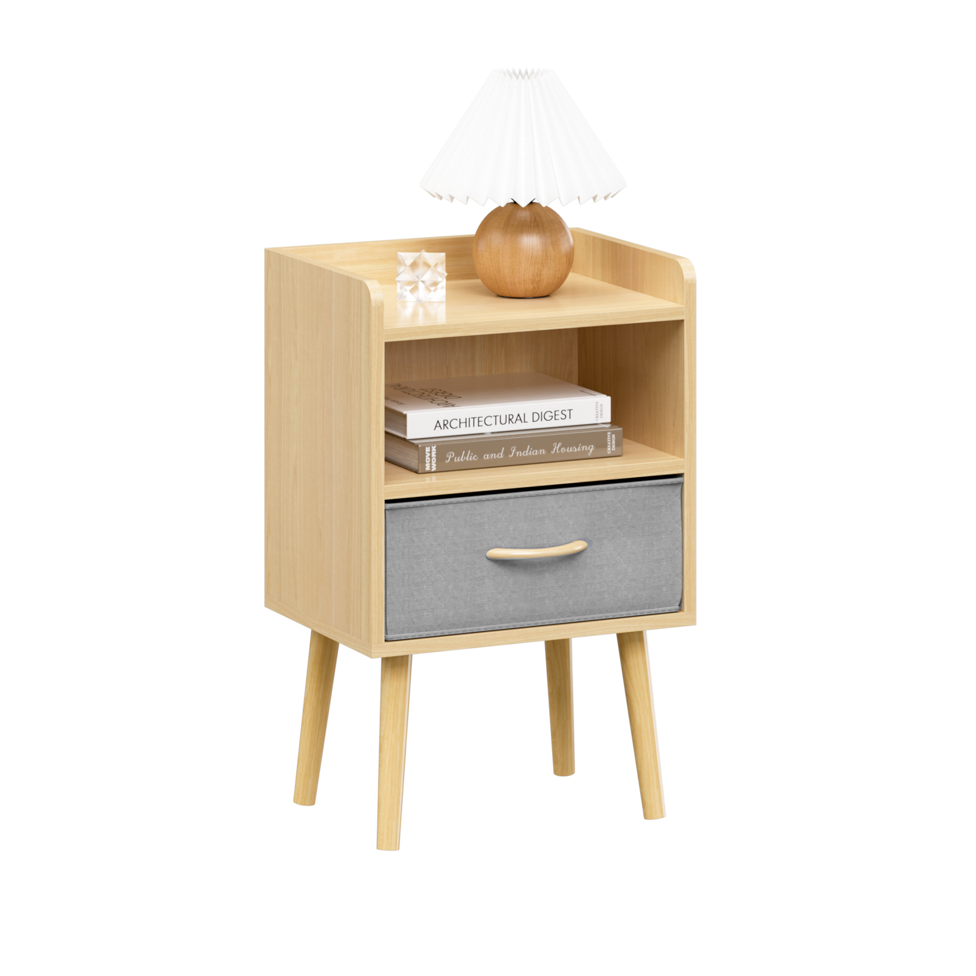 Nightstand With Collapsible Fabric Drawer, 2-Tier Storage End Table, Wood Side Table with Storage Cabinet or Kids, Adults - Oak