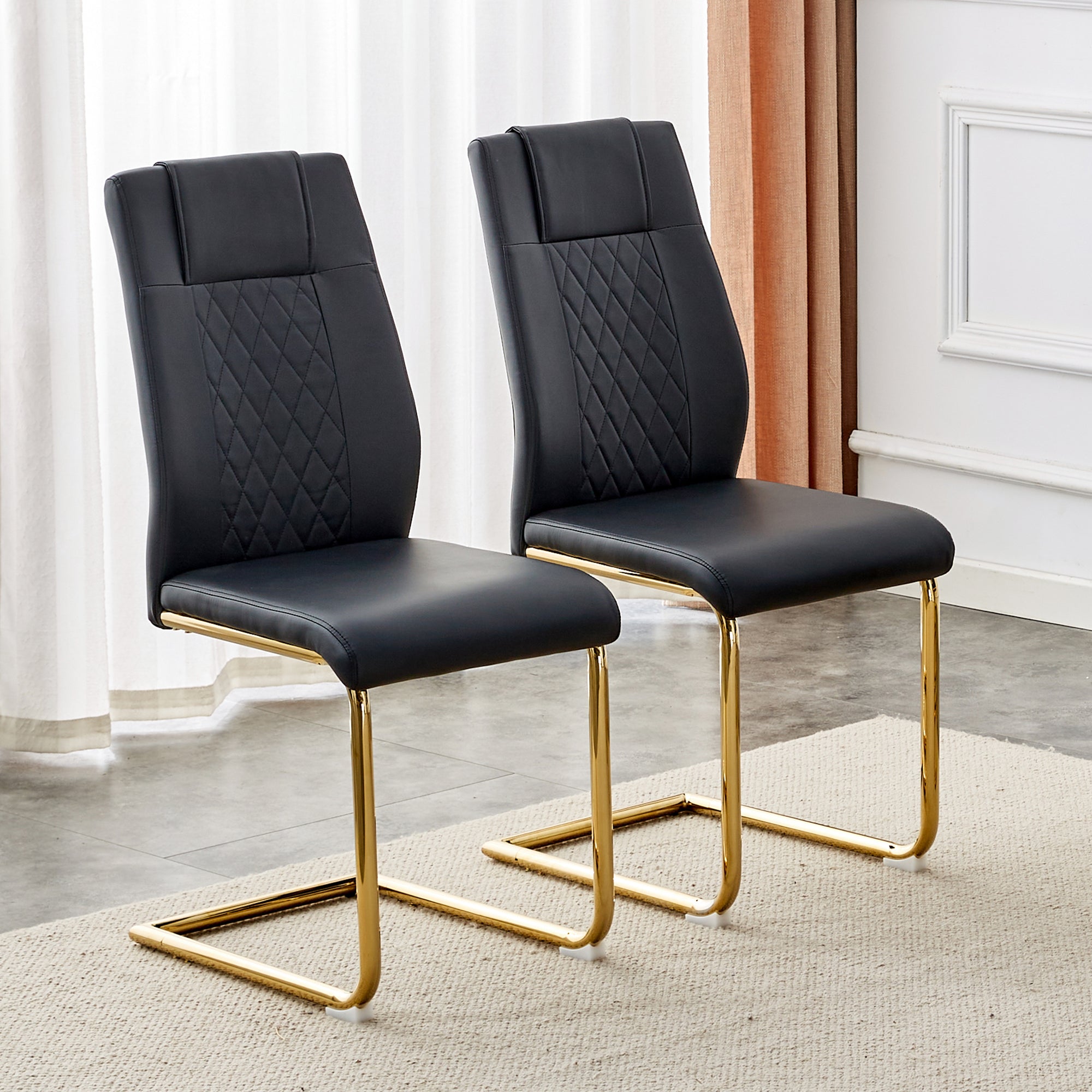 Modern dining chairs with faux leather padded seats, dining room chairs, gold metal leg upholstered chairs, suitable for kitchens, living rooms, bedrooms, and offices, set of 4 (black+PU leather)C-001