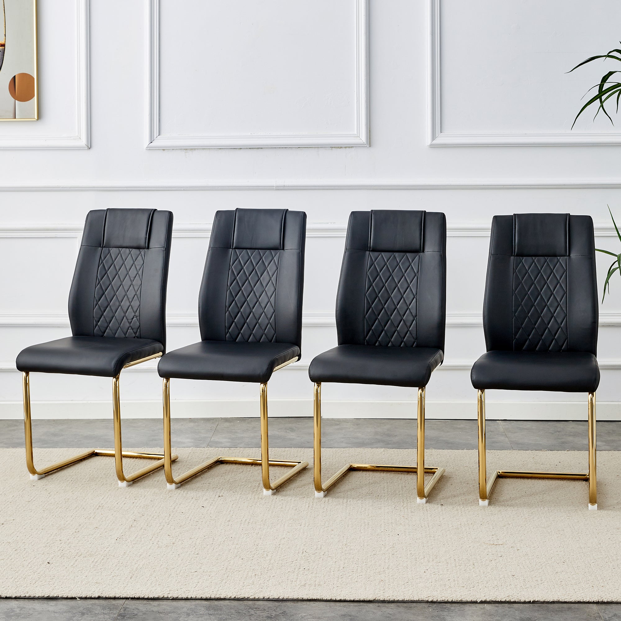 Modern dining chairs with faux leather padded seats, dining room chairs, gold metal leg upholstered chairs, suitable for kitchens, living rooms, bedrooms, and offices, set of 4 (black+PU leather)C-001