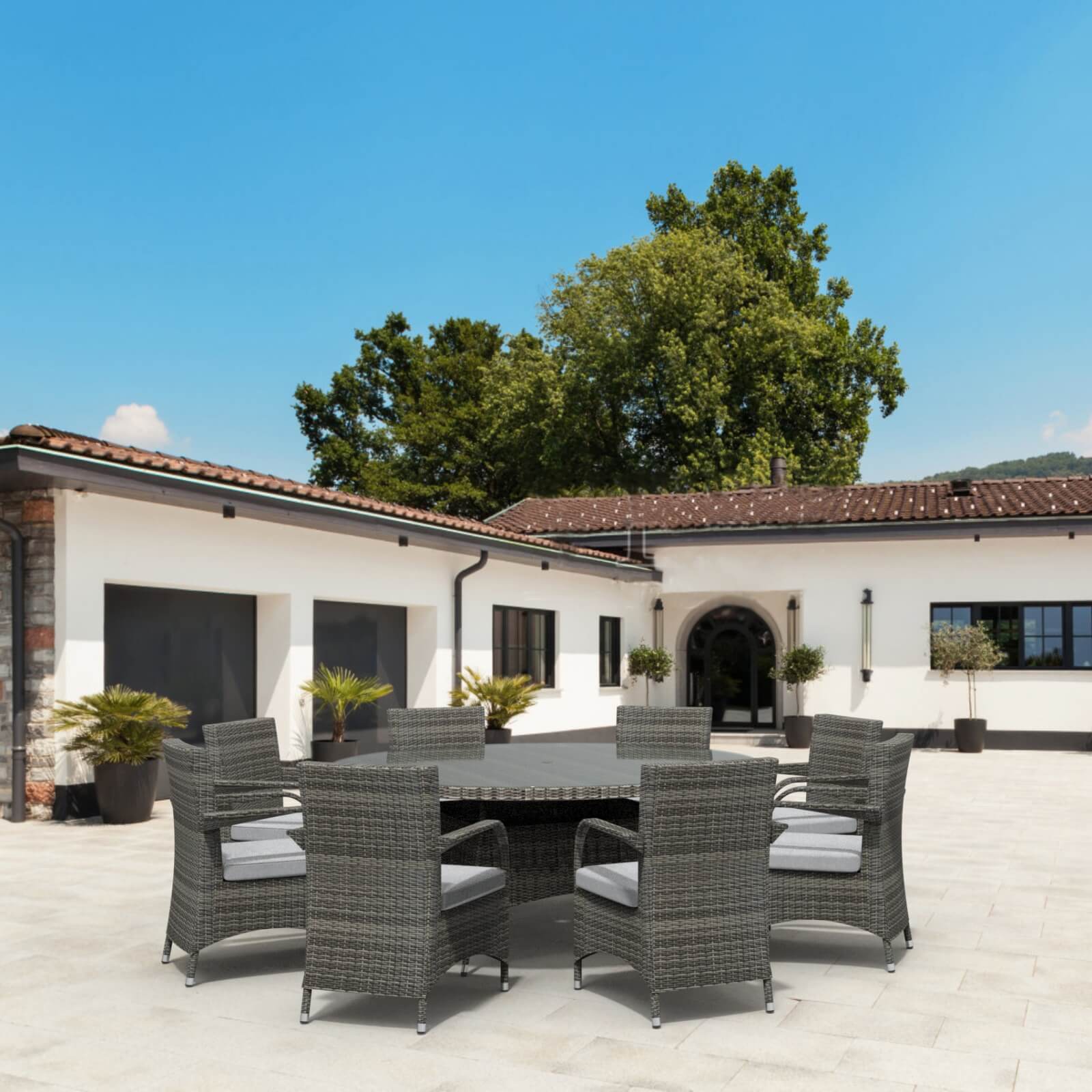 9-Piece Outdoor Wicker Dining Set with Large Round Table & Cushioned Chairs(PAD-1714+1122)