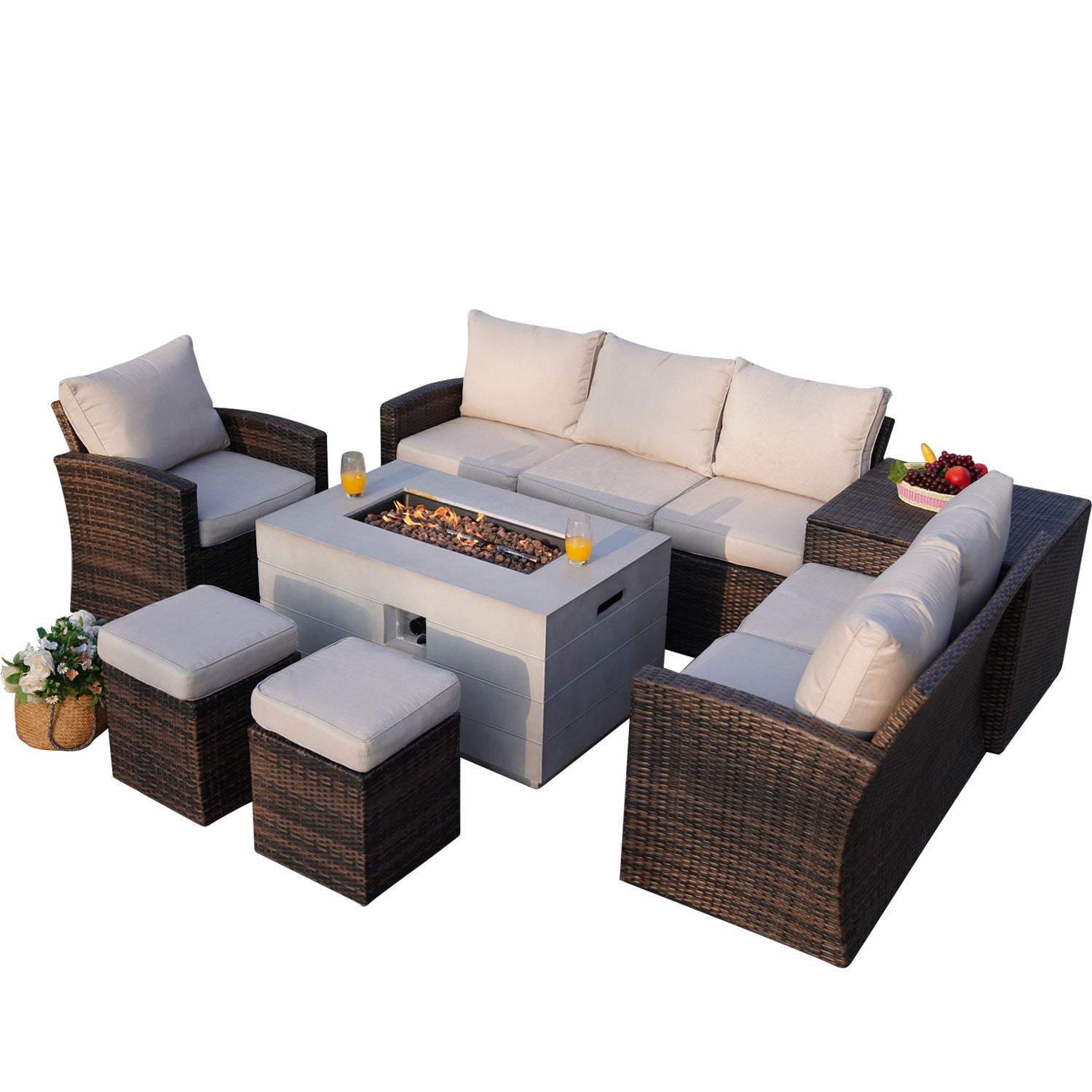 Abrihome Aurora 7PCS Patio Garden Rattan Wicker Dining Sofa Fire Table Set (PAS-1403B+2150)