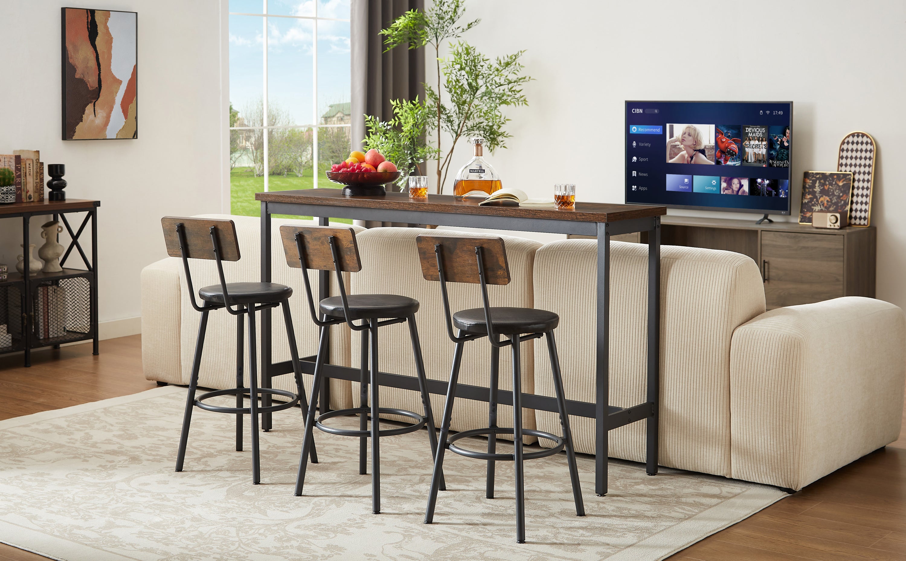 Long Bar Table Set with 3 PU Upholstered Bar Stools, Industrial Bar Table and Chairs for Kitchen Breakfast Table, Living Room, Banquet Hall, Rustic Brown and Black, 63″L x15.7"W x 37.5"H