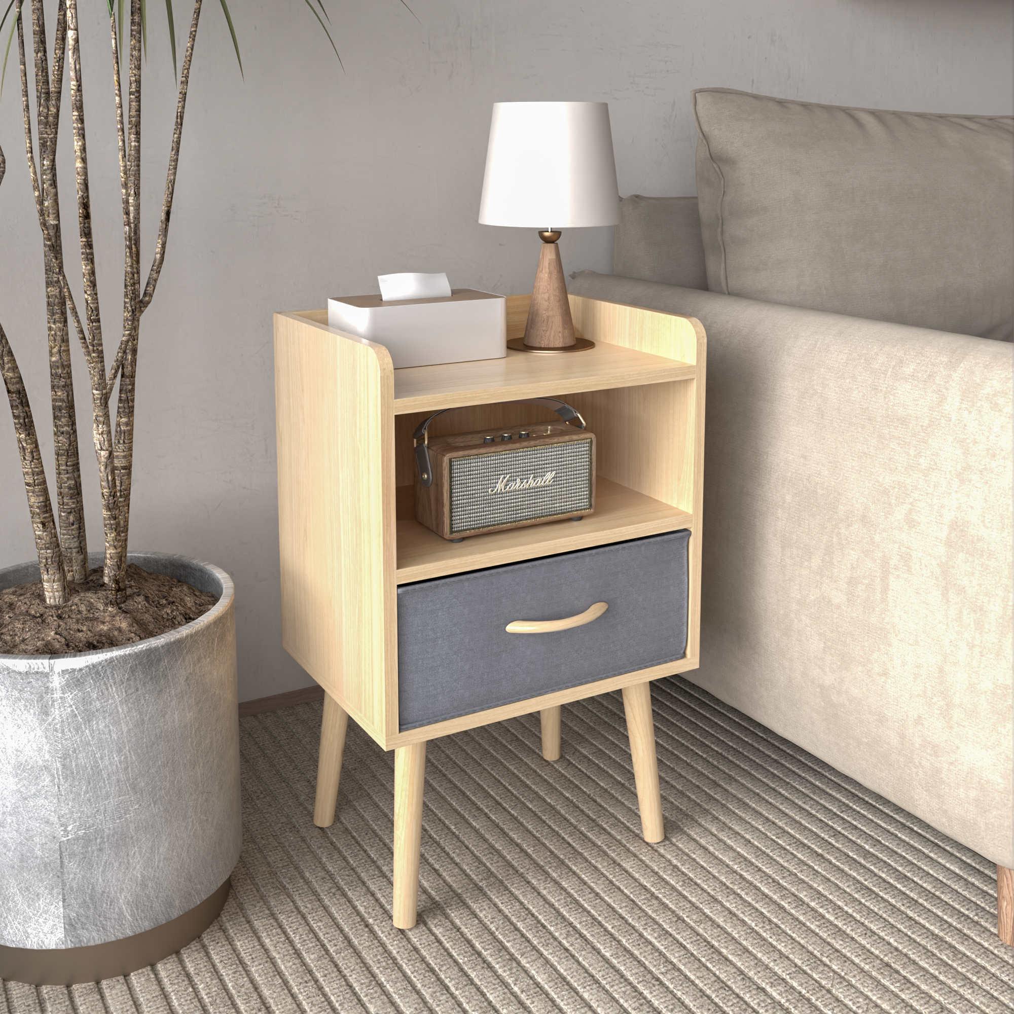 Nightstand With Collapsible Fabric Drawer, 2-Tier Storage End Table, Wood Side Table with Storage Cabinet or Kids, Adults - Oak